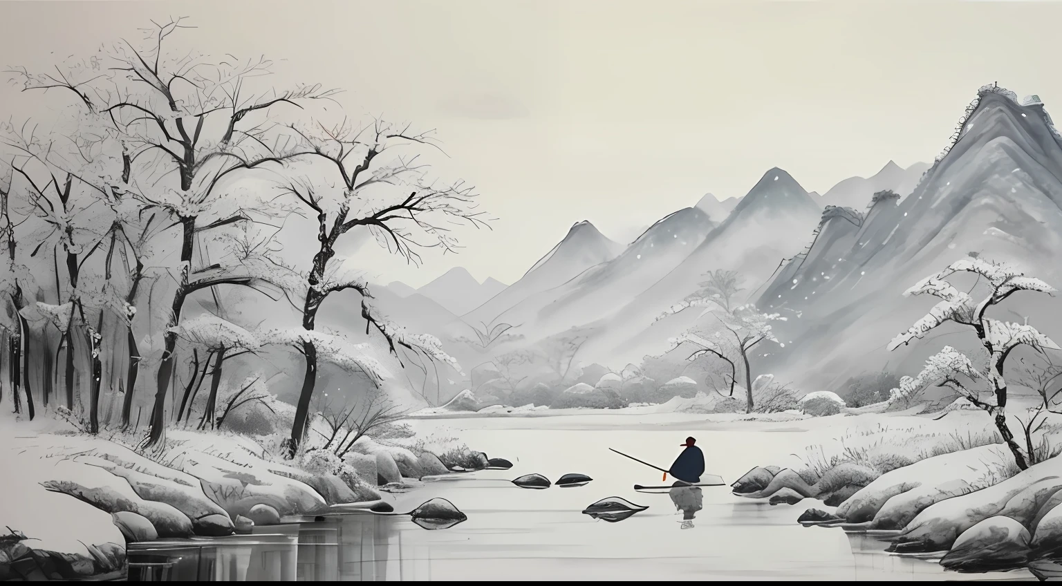 Draw an old man fishing in a small river，The background is a snowy scene, Traditional Chinese Ink Painting, Traditional Chinese art, author：Guo Xi, author：Ma Yuanyu, Traditional Chinese painting, author：Xu Xi, author：Luo Mu, author：Yang Buzhi, author：Li Kelan, author：Gu An, Ink painting ) ) ) ), Chinese ink painting, Chinese painting style