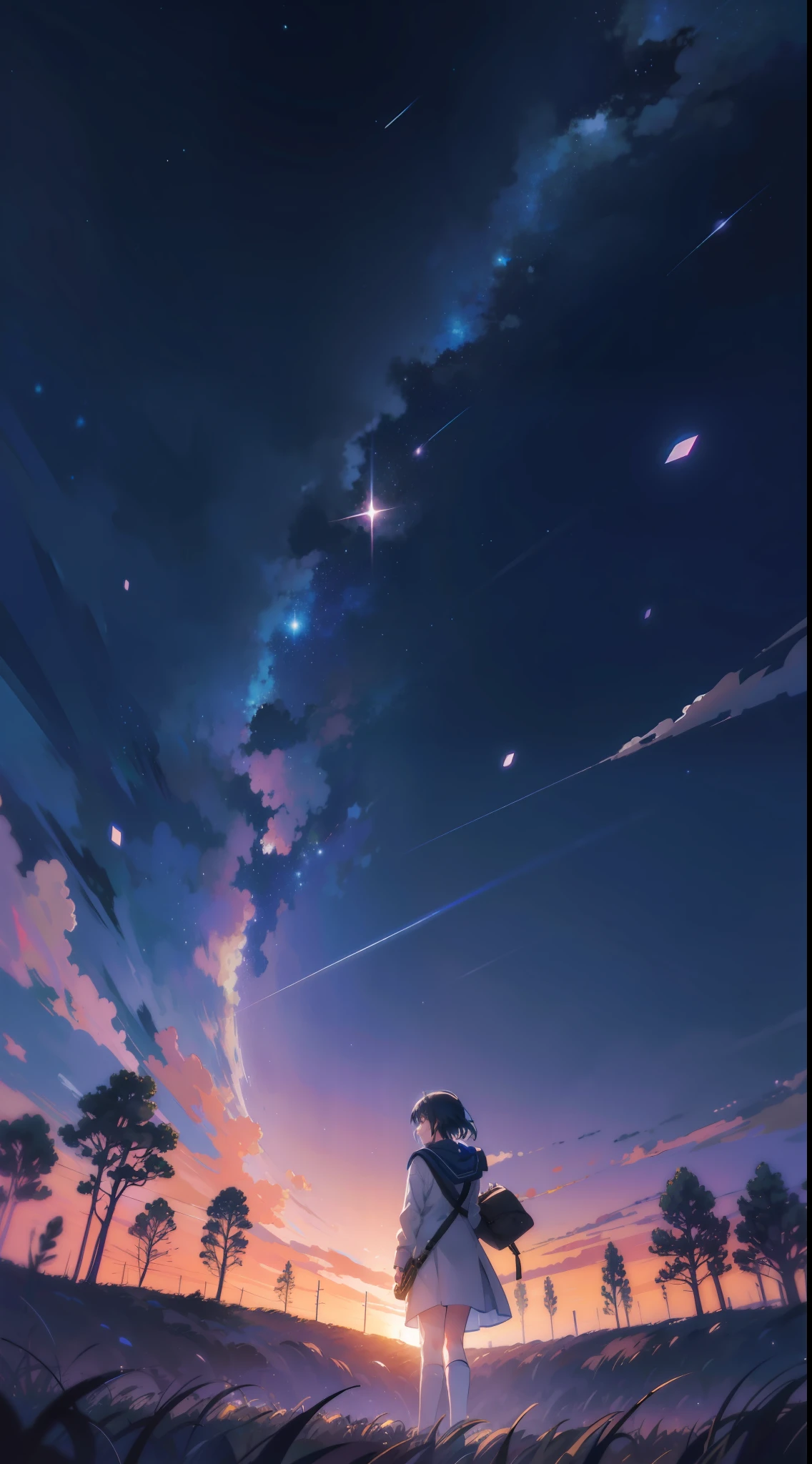 starry night sky with a couple of trees and a field, endless cosmos in the background, cosmic skies. by makoto shinkai, starry sky 8 k, calm night. digital illustration, anime background art, 4k anime wallpaper, beautiful anime scene, starry sky, moonlit starry sky environment, anime art wallpaper 8 k, anime art wallpaper 4k