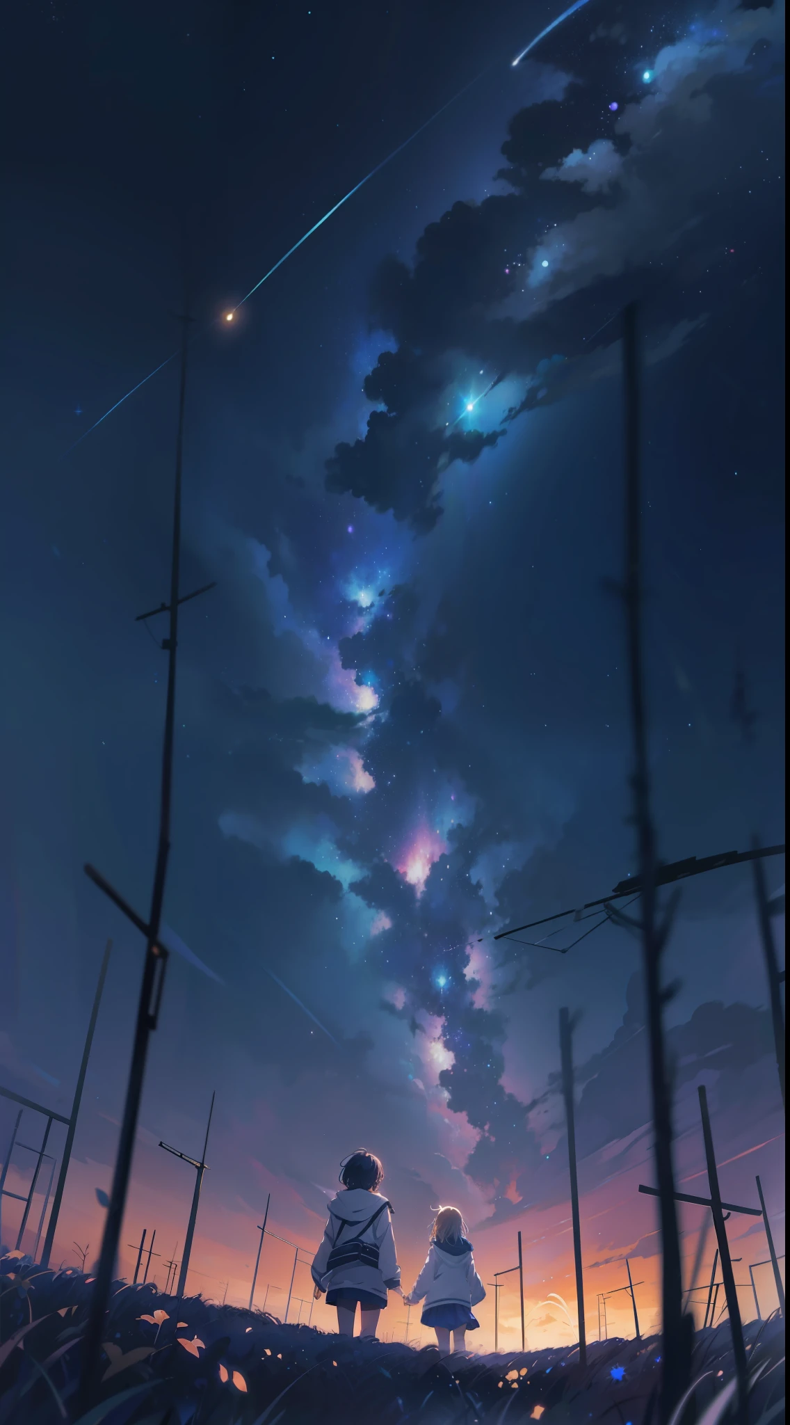 starry night sky with a couple of trees and a field, endless cosmos in the background, cosmic skies. by makoto shinkai, starry sky 8 k, calm night. digital illustration, anime background art, 4k anime wallpaper, beautiful anime scene, starry sky, moonlit starry sky environment, anime art wallpaper 8 k, anime art wallpaper 4k