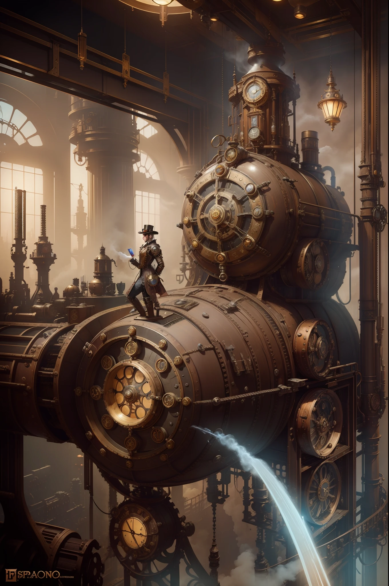 (((steampunk))). steam. ((steam-powered)), clockwork. kinetic, action-packed. futuristic, FLYGIN TRAIN. sci-fi, whimsical.vaporwave. surreal, dynamic scene of A Dr Octopus steampunk scientist, pondering the mysteries of the universe in a futuristic laboratory filled with Venom inspired steam-powered computers