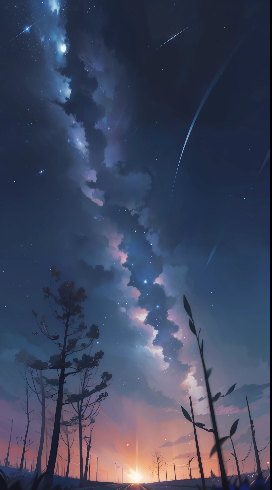 starry night sky with a couple of trees and a field, endless cosmos in the background, cosmic skies. by makoto shinkai, starry sky 8 k, calm night. digital illustration, anime background art, 4k anime wallpaper, beautiful anime scene, starry sky, moonlit starry sky environment, anime art wallpaper 8 k, anime art wallpaper 4k