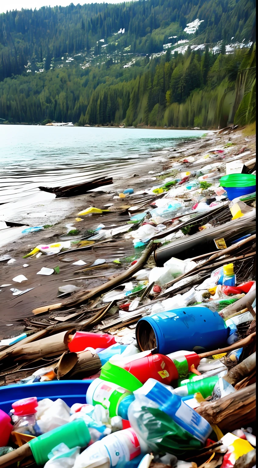 arafficial trash on the shore of a lake with trees in the background, plastic waste, scattered rubbish and debris, plastic bottles, scattered rubbish, trash scattered everywhere, garbage plastic, trash, plastic, polluted, littered with garbage, litter, pollution, littered, piles of trash, environment, waste everywhere, junk, seattle completely wasted away