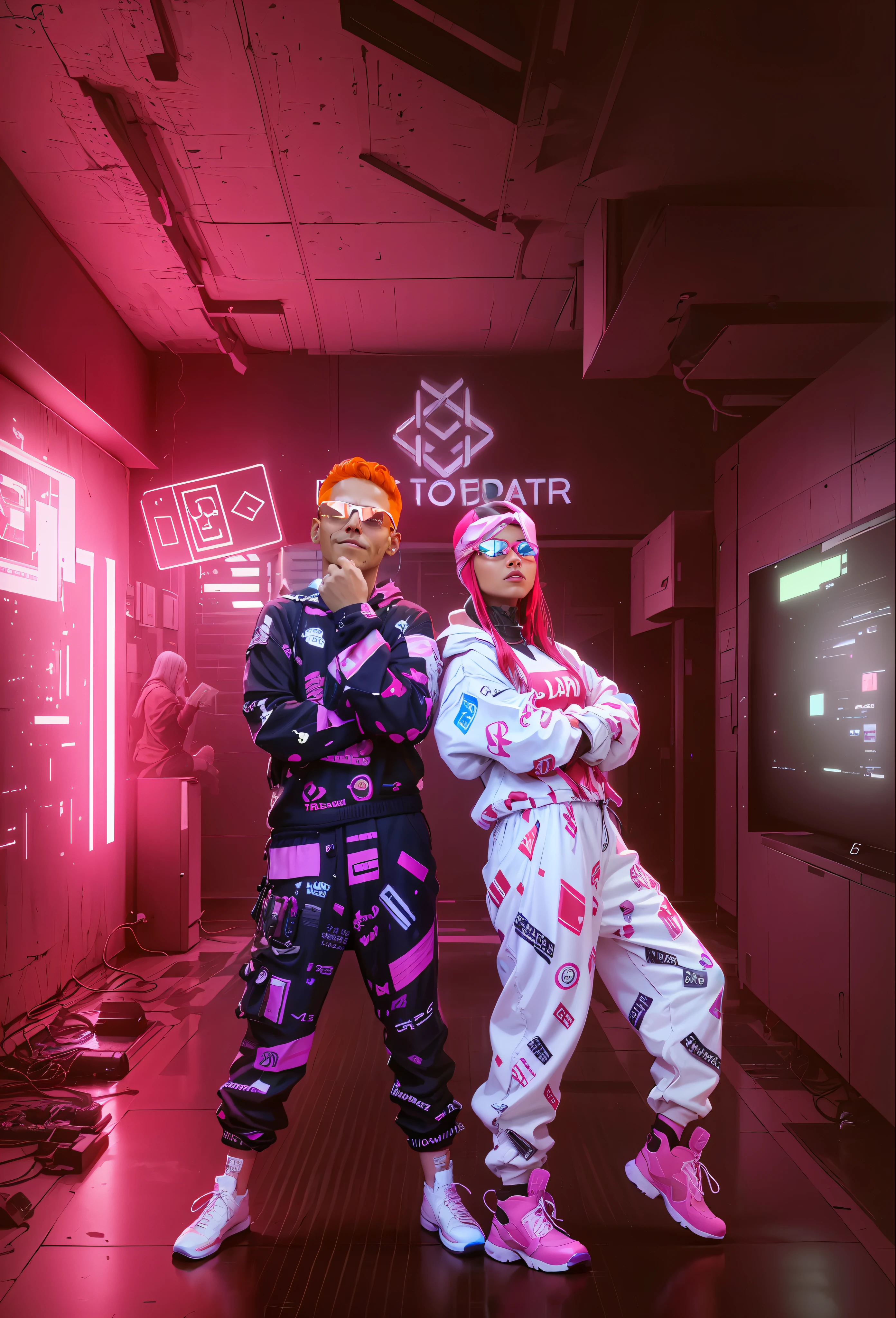 ((melhor qualidade)), ((obra-prima)), (muito detalhado:1.3), ....3d, majo (Cyberpunk:1.3) Hacker feminino e masculino, cabelos grossos, seios semi-expostos, terminais de computador operacionais, servidores de computador, telas LCD, fibre optic cables, Logotipos corporativos, HDR (high dynamic range), ray tracing, NVIDIA RTX, super resolution, Unreal 5, espalhamento subsuperficial, Texturas PBR, Post-processing, anisotropic filtering, profundidade de campo, Maximum Sharpness and Sharpness, texturas multicamadas, Mapeamento especular e de albedo, surface shading, Precise simulation of light-material interactions, perfectly proportions, octane rendering, Duotone Lighting, ISO baixo, white-balance, rule of thirds, ampla abertura, 8K BRUTO, high efficiency subpixels, Subpixel convolution, glow particles,