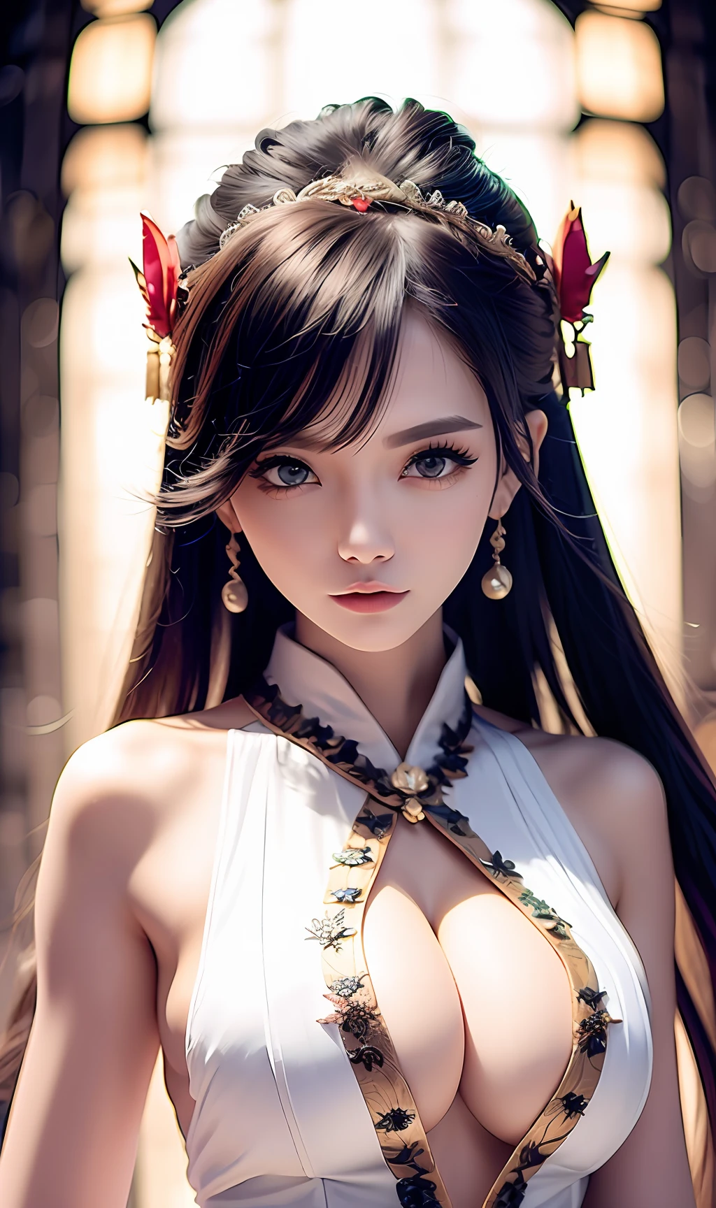 best qualityer, Master, A high resolution, Xianxia 1 girl, White Chinese tulle garment, Super beautiful face, super beautiful eye, Super beautiful hair Super beautiful face，Super beautiful eyes，Super beautiful hair，flatchest，Super nice buttocks，38yr，Earthy yellow transparent openwork underwear，Intimate panties，Grasp your chest with one hand，Half bite your lip，Facing away，review，Cocked buttocks