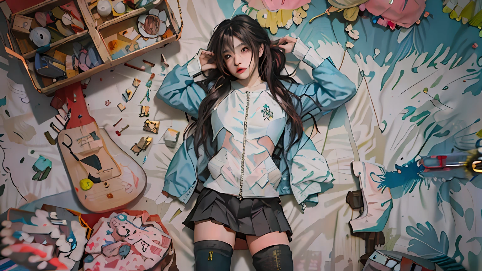 The girl lay on the bed,Holding a guitar and a bunch of toys, Guviz-style artwork, Anime girl cosplay, cyberpunk anime girl, style of anime4 K, e - girl, E-Girl, Guviz, Fanart Meilleure ArtStation, Guweiz in Pixiv ArtStation, anime-inspired, cyberpunk anime girl in hoodie