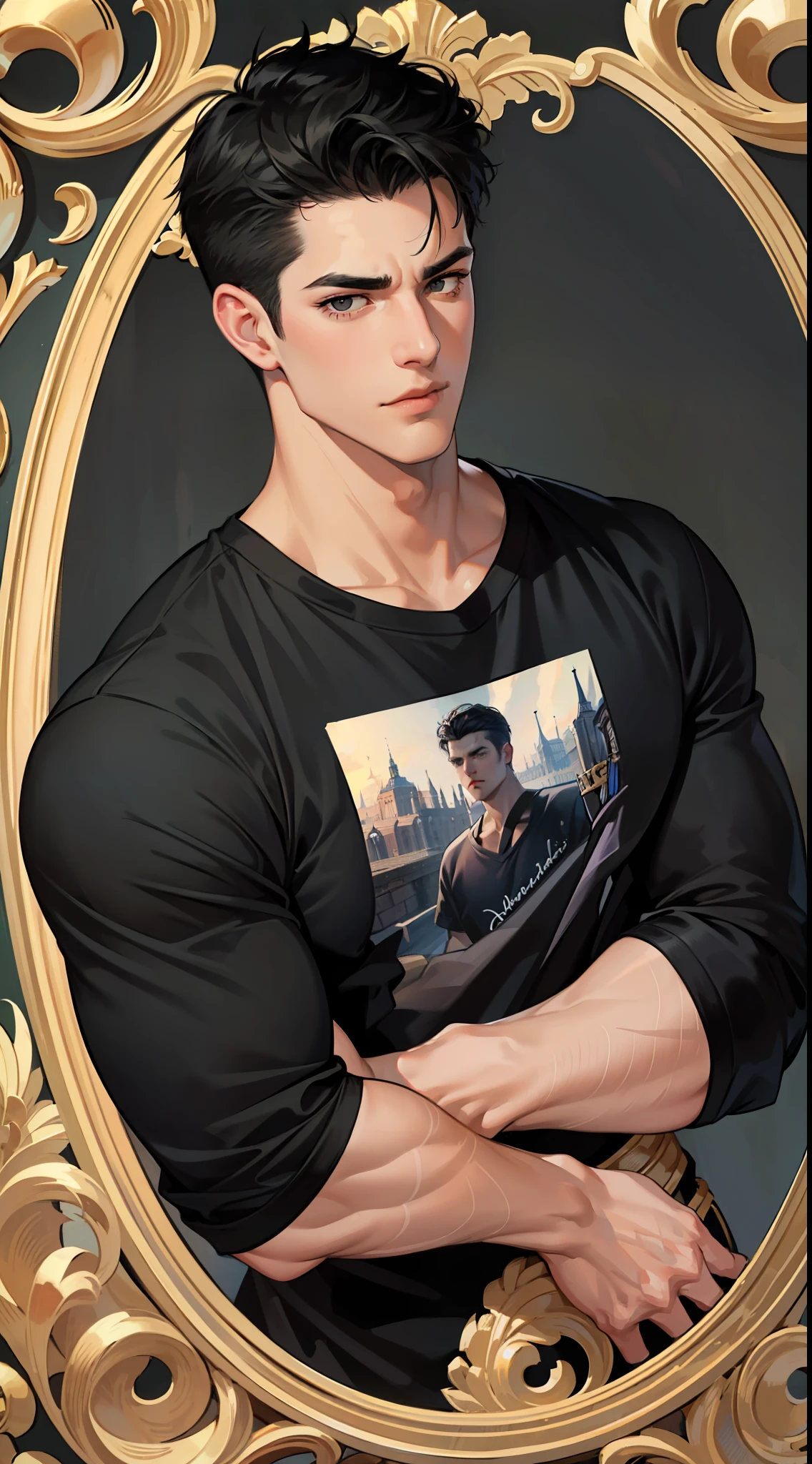 1Adult male，large tall，Black color hair，Black eyes，Thick lashes，extra very short hair，Masculinity，Handsome，The expression is serious，European and American style，Face portrait，tee shirt