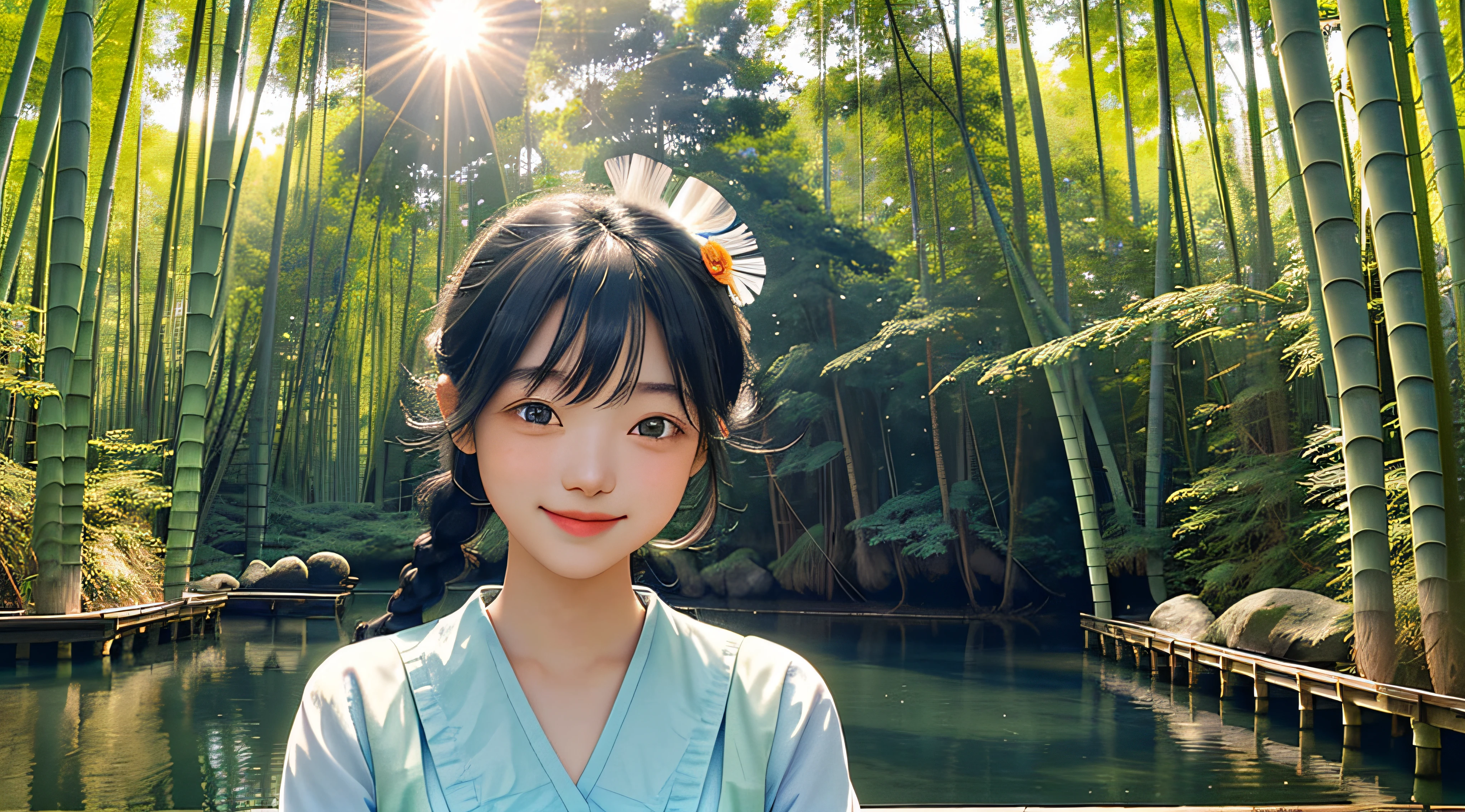On the blue sky，During the day, there are seven summer rainbows in the bamboo forest，and the sun was shining brightly，There is soft natural light, Dingdall effect，An intimate portrait of a young girl about eighteen years old，The girl's appearance is thick eyebrows，There are big watery eyes，The girl has long black hair，Qi bangs，Side braids，The head wears a cute feather hair ornament，She blushed shyly，Standing on a wooden pier in a pale green maid outfit，A wooden pier juts out onto the tranquil lake，The girl closed her mouth slightly，The gentle gaze smiled and looked at the viewer seriously，Left hand on cheek，The right hand is naturally flat on the wooden pier，A gentle and happy smile on his face。The sun casts a warm glow on the scene，Illuminate ripples in the water，Cast a soft shadow on the girl's face。Behind her，Dense forests stretch into the distance，The green bushes contrast with the pale blue sky above。Despite the tranquility of the surroundings，But there was a palpable sense of joy in the girl。。