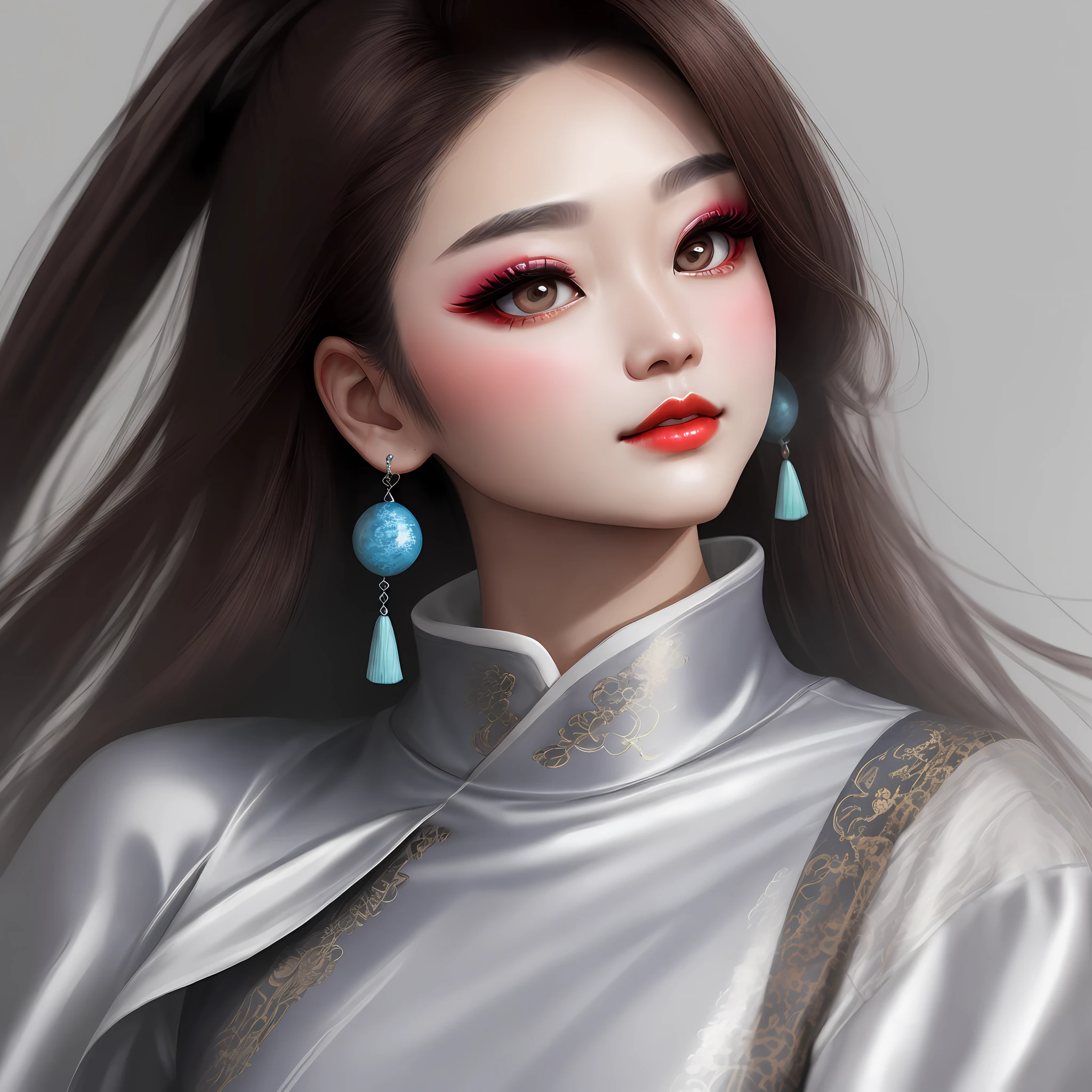 Danfeng Eyes,Smoky makeup,Apply rosy lips,With a pair of silver earrings。