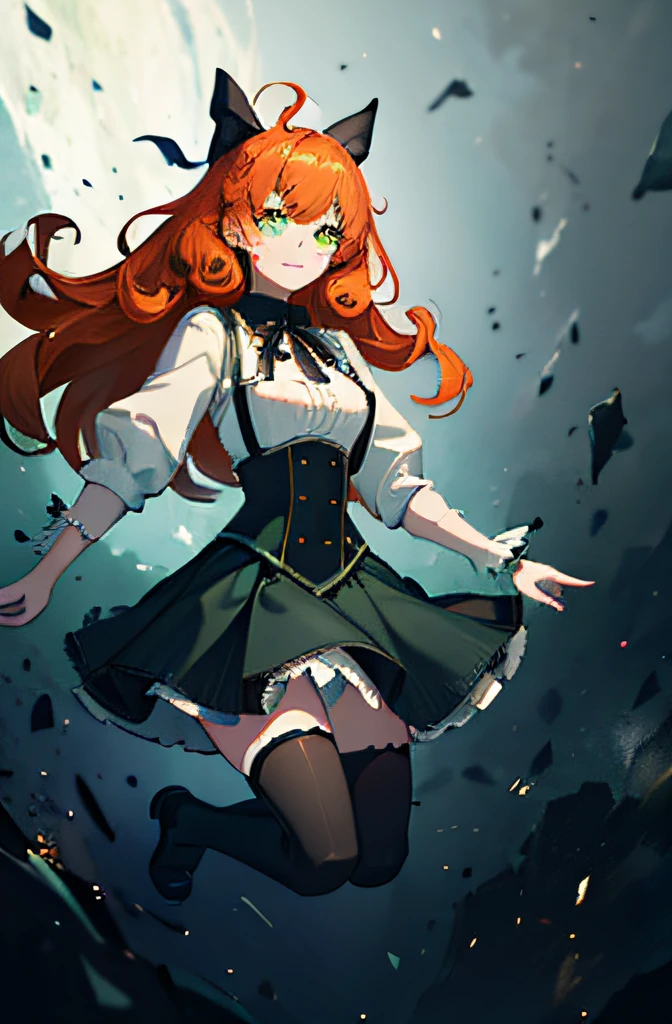 depth of field, gradient background, pennymk2, green eyes, black ribbon, black bow, (power symbol:1.2), black ribbon, black thighhighs, mechanical legs, smile, long hair, white blouse, suspender skirt, corset, orange hair, 8k wallpaper, octane render, cinematic lighting, best quality, highres, absurdres, sharp focus, (8k), (4k), (Best Quality), fantasy, extremely detailed, intricate, hyper detailed, (perfect face), illustration, soft lighting, (specular lighting:1.4), space background, stars, looking at viewer, full body