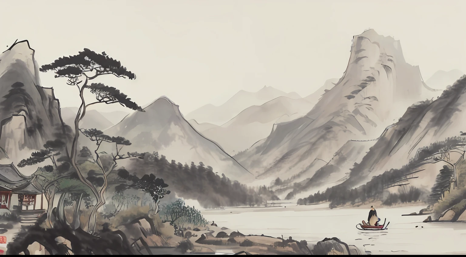 Draw a man fishing in a lake，The background is mountains, Traditional Chinese Ink Painting, Traditional Chinese art, author：Guo Xi, author：Ma Yuanyu, Traditional Chinese painting, author：Xu Xi, author：Luo Mu, author：Yang Buzhi, author：Li Kelan, author：Gu An, Ink painting ) ) ) ), Chinese ink painting, Chinese painting style