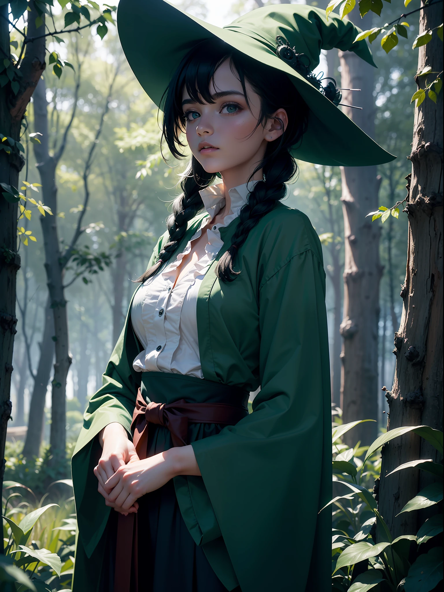 (Simple green witch robe and big green shirt,Cute girl with simple green witch big hat and braid, Cute black hair girl, Approx.10 years old, short height, Dark hair , Green dressing gown, Split lips,Upper body, light Particle, forest, Intense sunlight,Effect of twinkling aerial light,Oversized shirt,lanthanum),masterpiece, top-quality, At 8K, detailed skin textures, Detailed Cloth Texture, beautifull detailed face, intricate detailes, ultra-detailliert, Regina Display, Super Detail, high details, High quality, Best Quality, hight resolution, 1080p, in 8K,