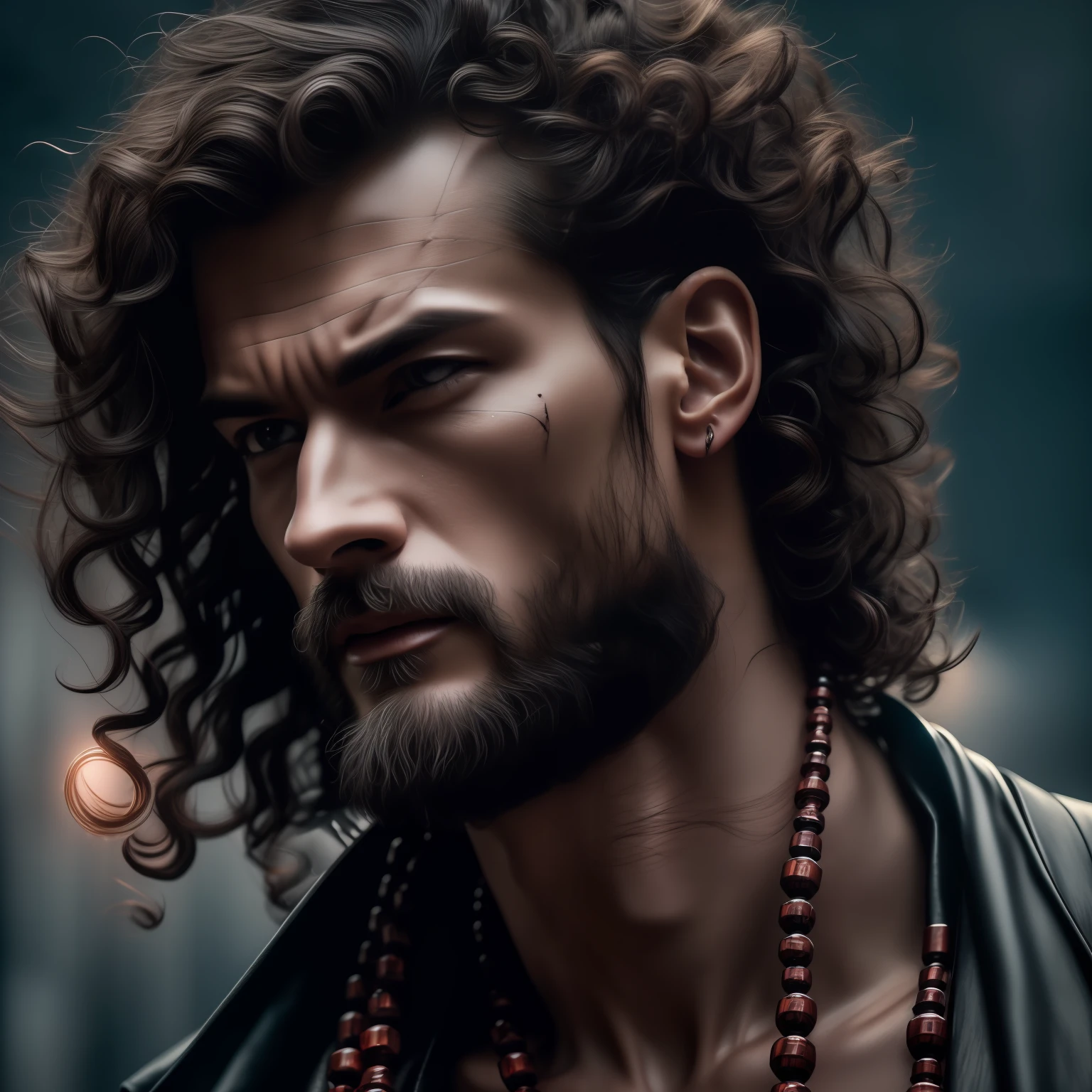 ((best quality)), ((masterpiece)), (detailed), highly detailed, (ultra-detailed), sharp focus, HDR, 8K resolution, (ultra detailed eyes), tall, muscular, menacing, japanese demon, long and curly dark brown hair, Red sky, official art, (Shiny Gray Praying Beads Around His Neck), black outline, (dark atmosphere:1.2), scars, (beautifully detailed glow:1.2), (Cinematic lighting), intricate detail, highres, detailed facial features, sharp focus, smooth, aesthetic, detailed background, stylish pose, dynamic pose, (dramapaint)