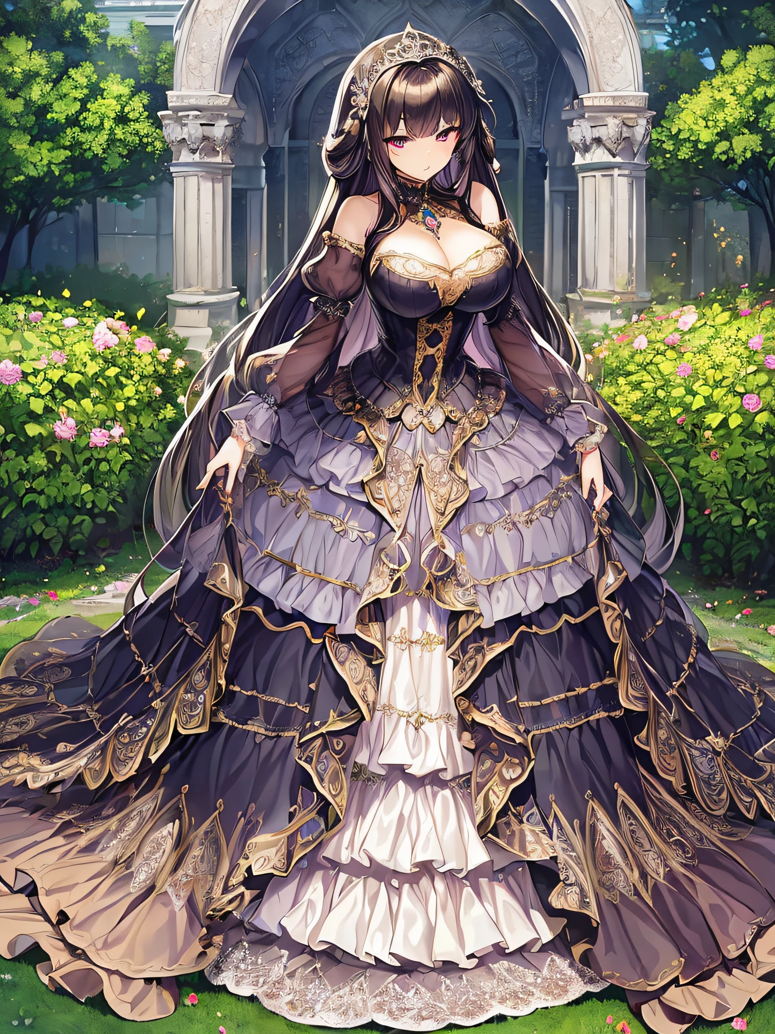((anime artstyle)),(Masterpiece),(Best Quality), (Super Detail),((Very Delicate and Beautiful)),(((Solo))),((full body)),(((1 princess in gorgeous gothic dress with voluminous full length hoop skirt))),Long train,(gorgeous gemstone jewelry),detailed face and eyes,jewel-like eyes,((extremely voluminous Very Long Hair,Straight Hair)),((gigantic tits,Long tits)),cleavage,(gorgeousfull embroidery and lace),gorgeous corsage,See-through,extremely gorgeousfull hair ornament,bling-bling extremely gorgeousfull jeweled tiara,ornate ruffles,(hoop skirt,crinoline),((Dynamic Angle)),Looking at viewer,outdoor,((beautiful detailed garden)),beautiful blooming flowers,((full body)),((extremely gorgeous gothic dress with voluminous full length hoop skirt))