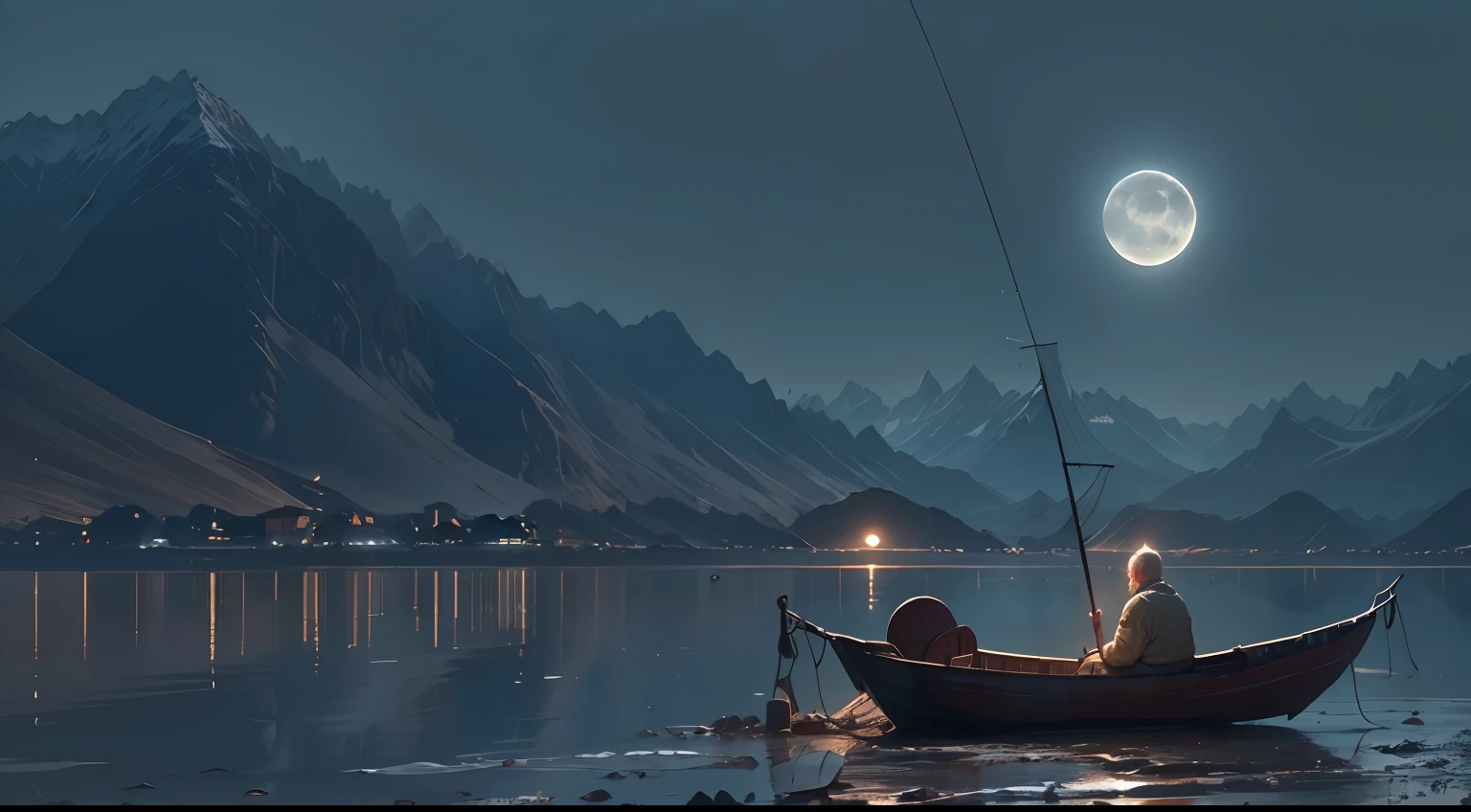 nevando,Lonely old man sitting on boat fishing,Lake surface,Small broken boat,In the distance, low mountains are lost,Bleak, Desolate, Sitting alone on a boat,A huge full moon rises over the horizon,eventide,wide wide shot,Cool moonlight