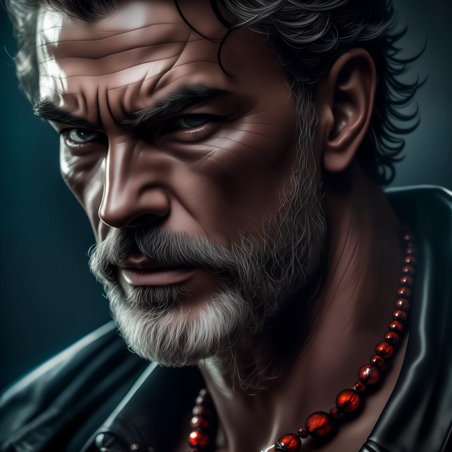 ((best quality)), ((masterpiece)), (detailed), highly detailed, (ultra-detailed), sharp focus, HDR, 8K resolution, (ultra detailed eyes), tall, muscular, menacing, japanese demon, long and curly dark brown hair, Red sky, official art, (Shiny Gray Praying Beads Around His Neck), black outline, (dark atmosphere:1.2), scars, (beautifully detailed glow:1.2), (Cinematic lighting), intricate detail, highres, detailed facial features, sharp focus, smooth, aesthetic, detailed background, stylish pose, dynamic pose, (dramapaint)