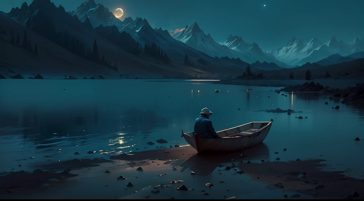 nevando,Lonely old man sitting on boat fishing,Lake surface,Small broken boat,In the distance, low mountains are lost,Bleak, Desolate, Sitting alone on a boat,A huge full moon rises over the horizon,eventide,wide wide shot,Cool moonlight