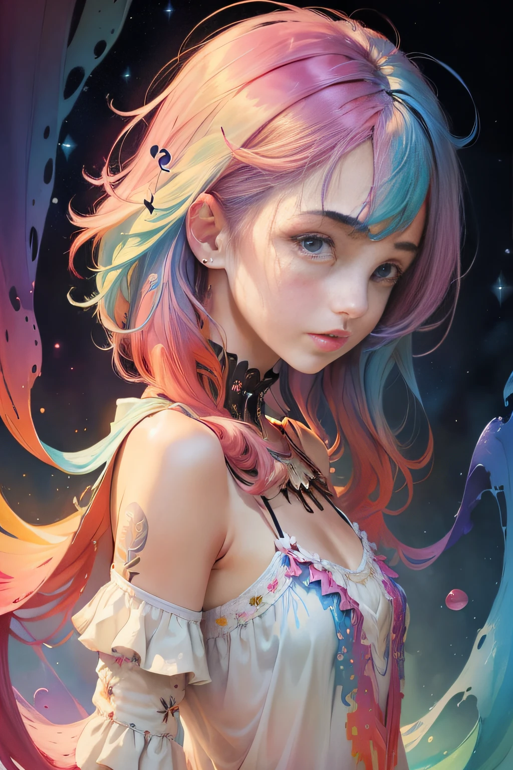 (masterpiece, top quality, best quality,watercolor (medium),official art, beautiful and aesthetic:1.2),(1girl:1.3), (fractal art:1.3),upper body, from side, looking at viewer,patterns,(rainbow color Hair,colorful hair,half blue and half pink hair:1.2),water,liquid, cloud,colorful, starry,stars,