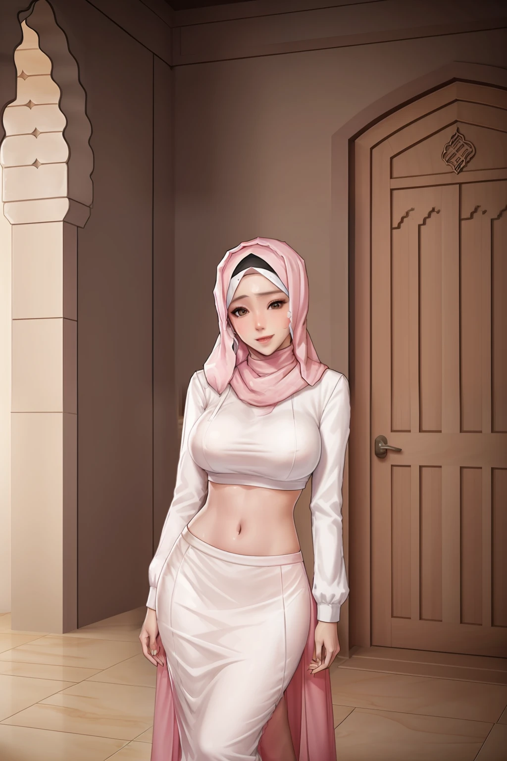 girl, sexy,mosque,happy,hijab,big breast,hijab long white and pink clothes and long skirt outfit,in mosque,