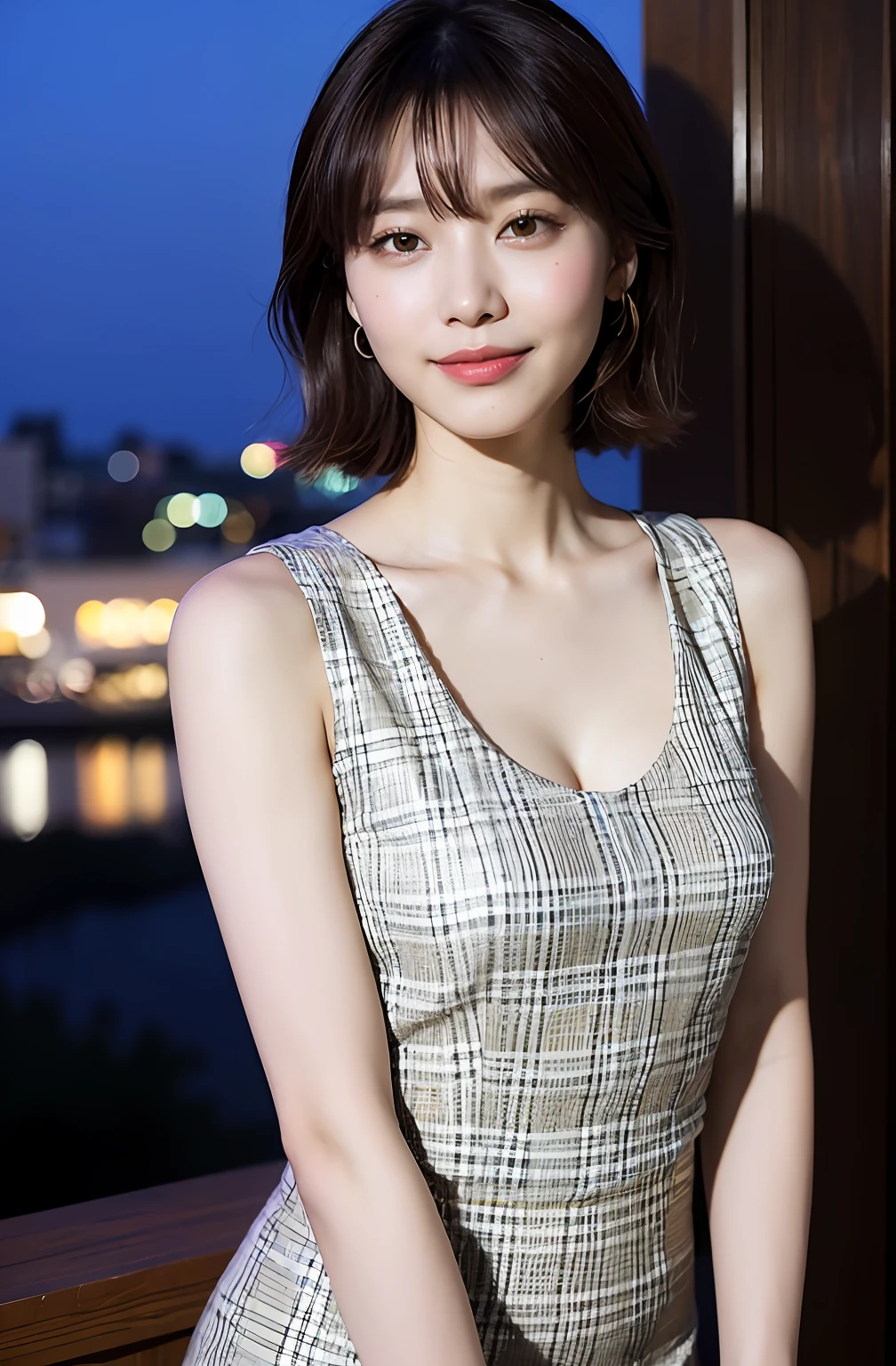((8K:1.27)、top-quality、masterpiece、超A high resolution:1.2)Photo Beautiful Japan woman(pleasing:1.1) Elegance、There is a good、Gradient lighting、1girl in、Delicate skin、Look here、Brown-eyed、(short hair with bangs:1.2)、(breasts are large:1.0)、(medium areola:0.8)、(realisitic:1.4)、(top-quality:1.0)、(超A high resolution:1.0)、8K、Raw photography、(masterpiece:0.2)、(pureerosface_v1:0.5)、 SHEIN Privé Plaid Splithem Bodycondress、Mini length、multi colored、Tea series、reddish brown、sleeveless、Round Neck、want me、Staring at this、cocktails、Cafe open at night、cafes、Outside the house、total darkness、subject、Lean、Look here、Laugh、cross one's legs、Sit up、sit a chair、