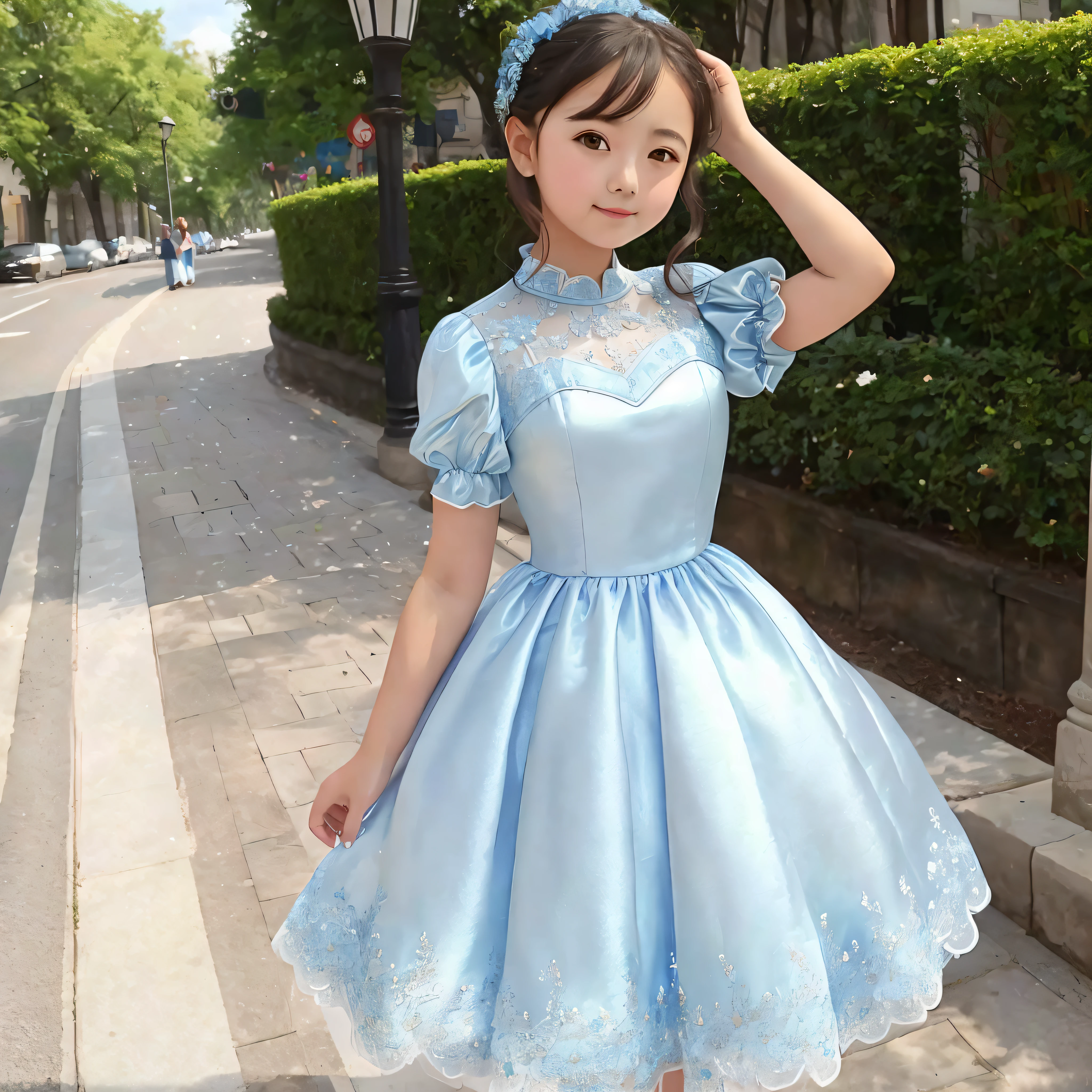 araffe girl in a blue dress posing for a picture, sky - blue dress, pale blue, fantasy dress, blue silk dress, light blue, blue dress, icey blue dress, victorian blue dress, romantic dress, cute dress, light-blue, wearing a blue qipao dress, pastel blue, wearing a plastic blue dress, loli in dress