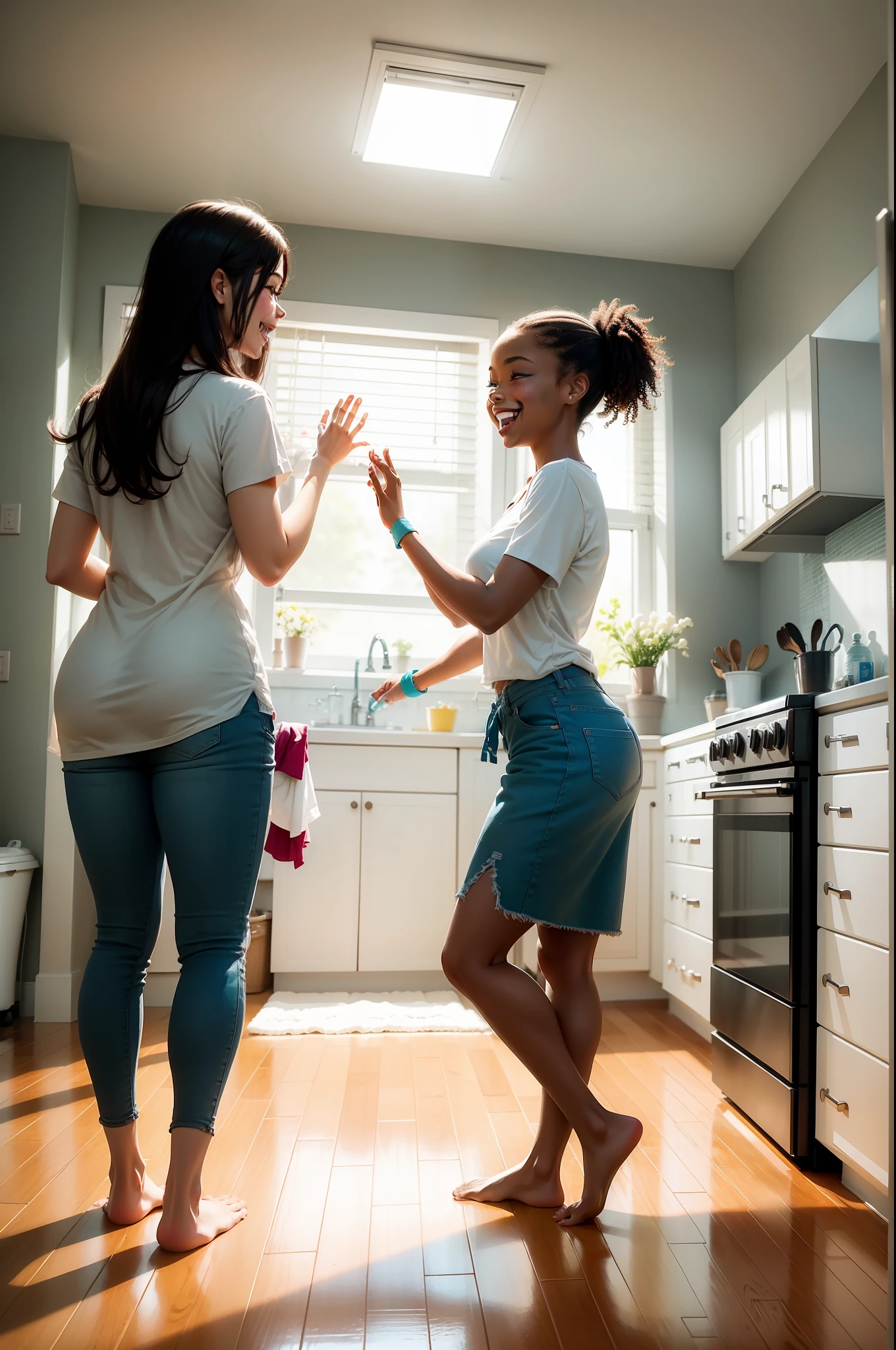 A group of diverse young people smile and laugh together in an empty apartment with sunlight streaming through the windows. The hardwood floors shine, ceiling fans are dust-free, and the windows and baseboards sparkle after being expertly scrubbed clean. In the kitchen, the sink and appliances look brand new and ready for inspection. The bathroom features gleaming tiles and grout scrubbed totally clean. One woman high-fives her friend, celebrating getting their full deposit back thanks to the deep clean. The bright, welcoming scene conveys the joy and relief of move-out cleaning success. Detailed, photorealistic, eye-catching image.