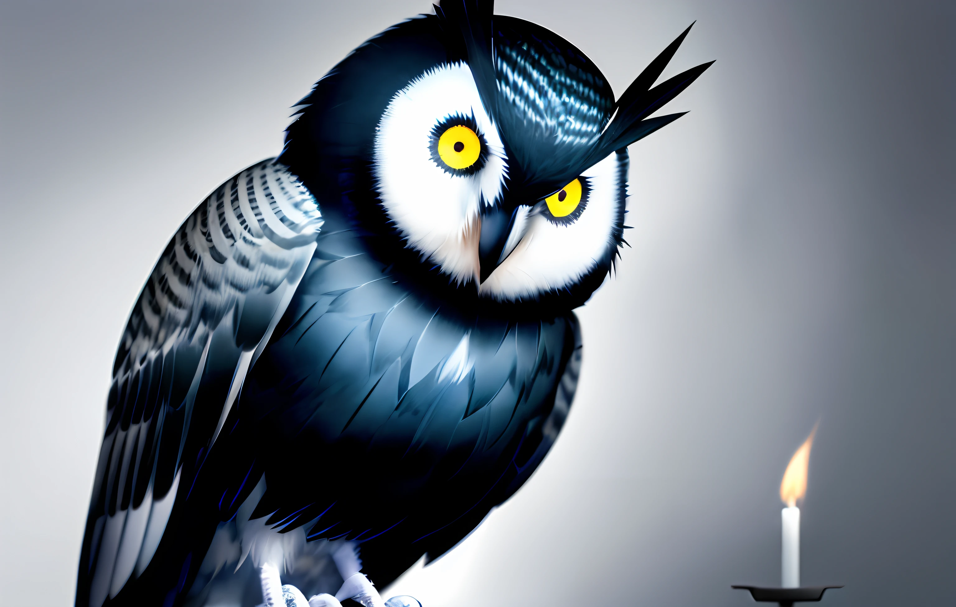 "Black and white minimalist owl with a delicately balanced lighter perched on its beak, black and white feathers, creating an eerie and enigmatic atmosphere, against a mysterious dark backdrop."