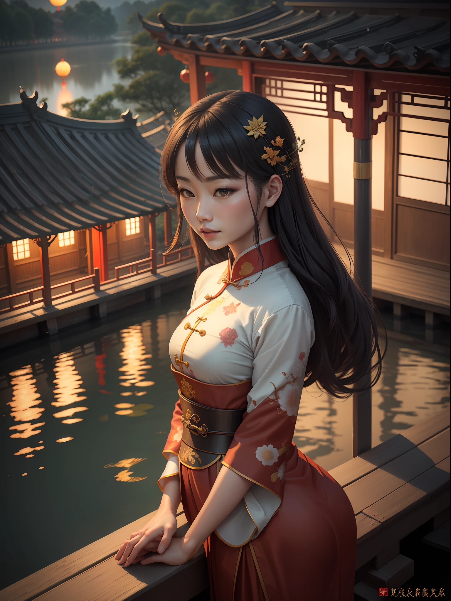 (Photorealistic rendering)Chinese solar terms,Autumn,eventide,Night scene,themoon,The beautiful beauty of the Tang Dynasty,the Tang Dynasty,Beautiful woman,Beautuful Women,chinese yard,Through the window,small bridge flowing water,Hangzhou,West lake,depth of fields,largeaperture,telephoto lenses