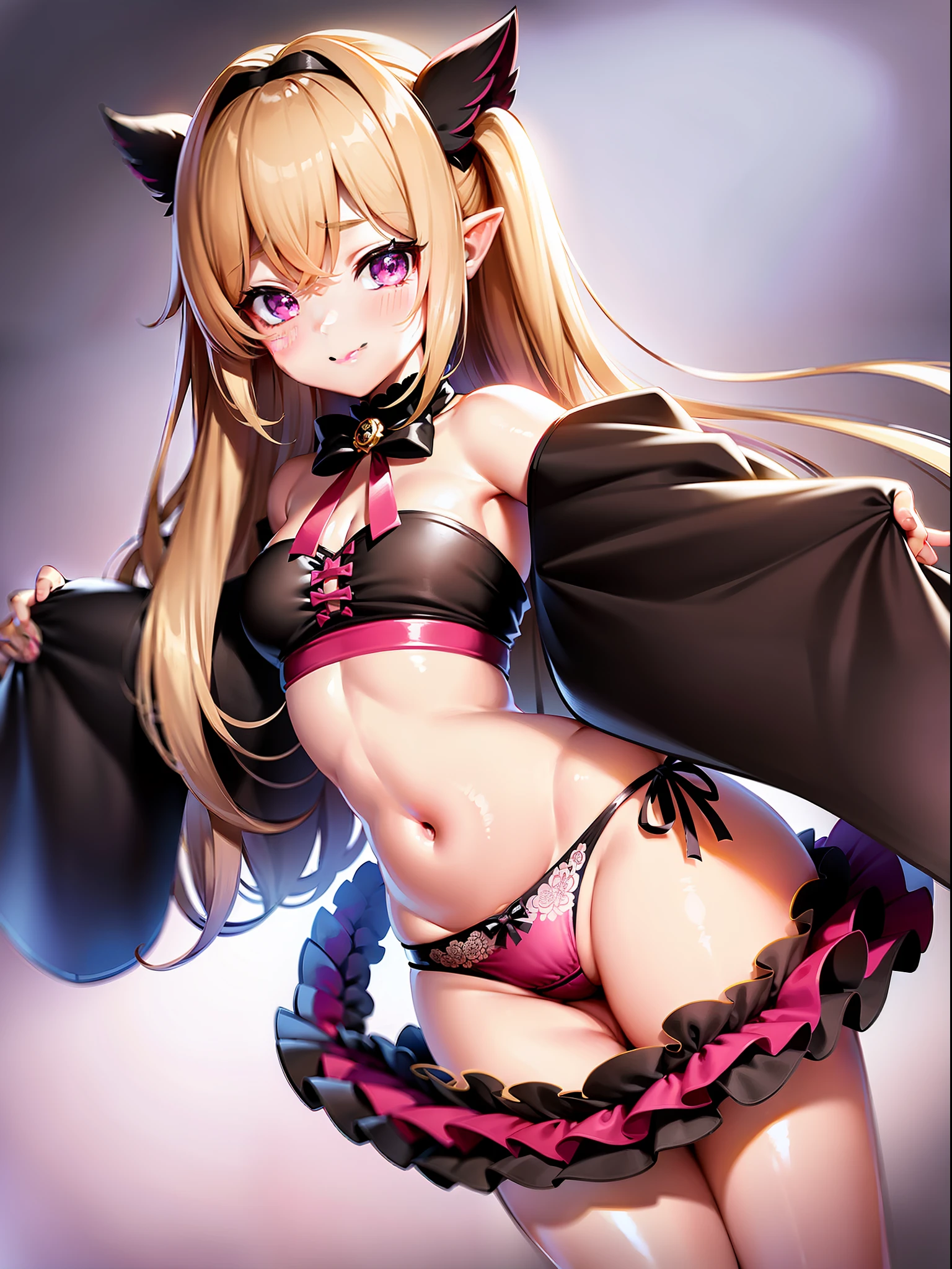tmasterpiece、8K、k hd、The full image is clearly visible、Girl vs、double tails、The blonde、The face is clearly visible、A slight smil、The hand is clearly visible、Raise the skirt with both hands、super low angle、Expose panties、Cute pink panties、Tease、Raised sexy、Living room