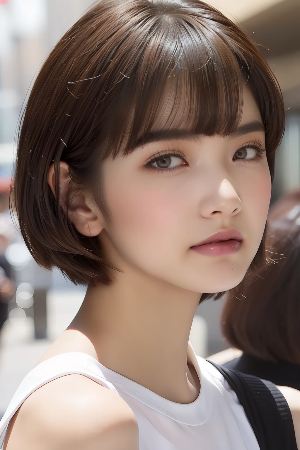 Boyish makeup, ((mash short cut, brown hair color, permanent hair)) street fashion,