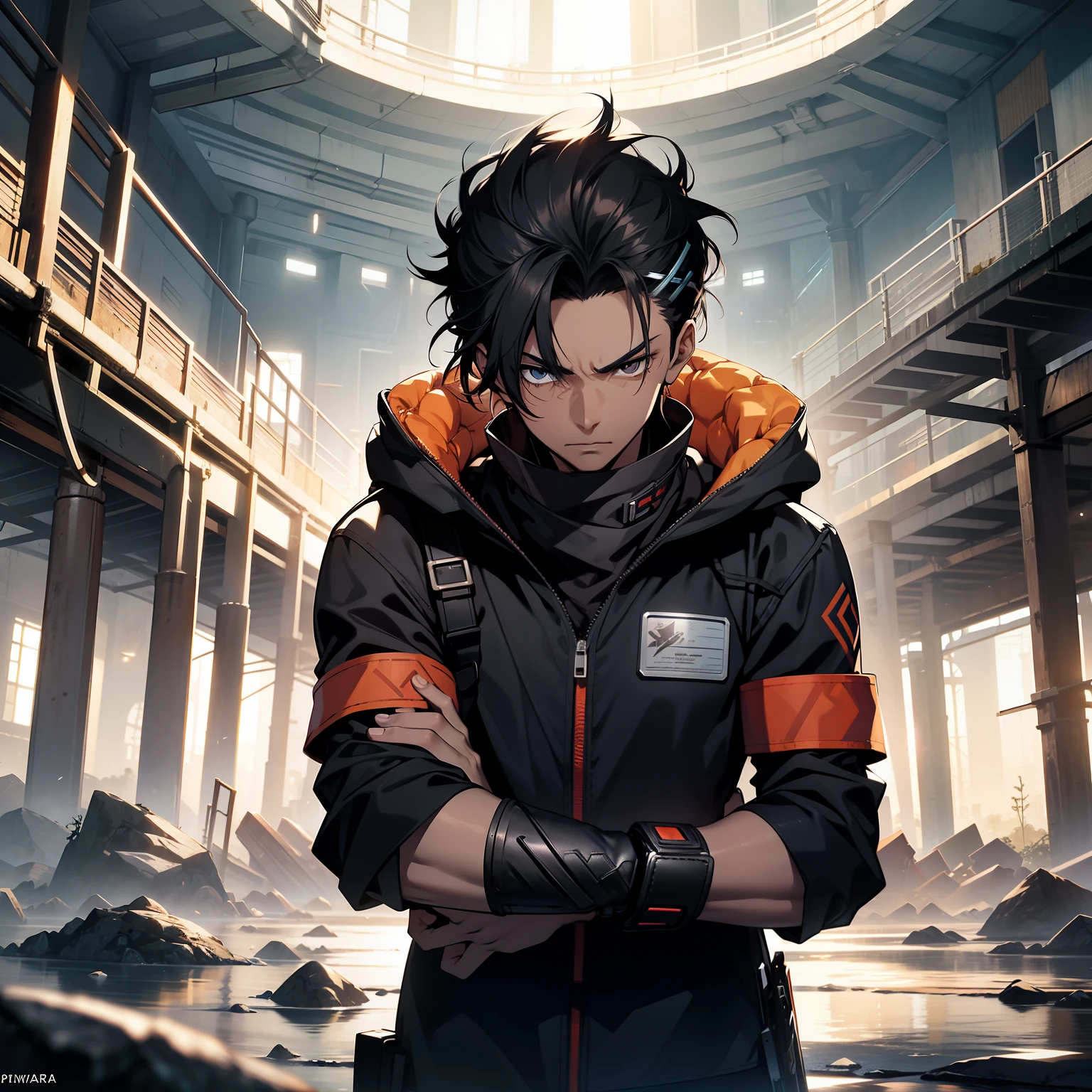 obra prima, melhor qualidade, 8K resolution concept art, octane rendering, bioluminescente, extremamente detalhado, papel de parede cg 8k A imagem apresenta um jovem 22 anos. Anime. Shinra kusakabe. lean physical appearance, hair is combed back black color. Serious dark brown eyes. a serious face, selvagem. Corpo machucado, Scratches. bermuda simples, cor marrom. Positioned facing with one arm holding a rusty ancient sword. Another bleeding arm. Em um campo de batalha devastado.
