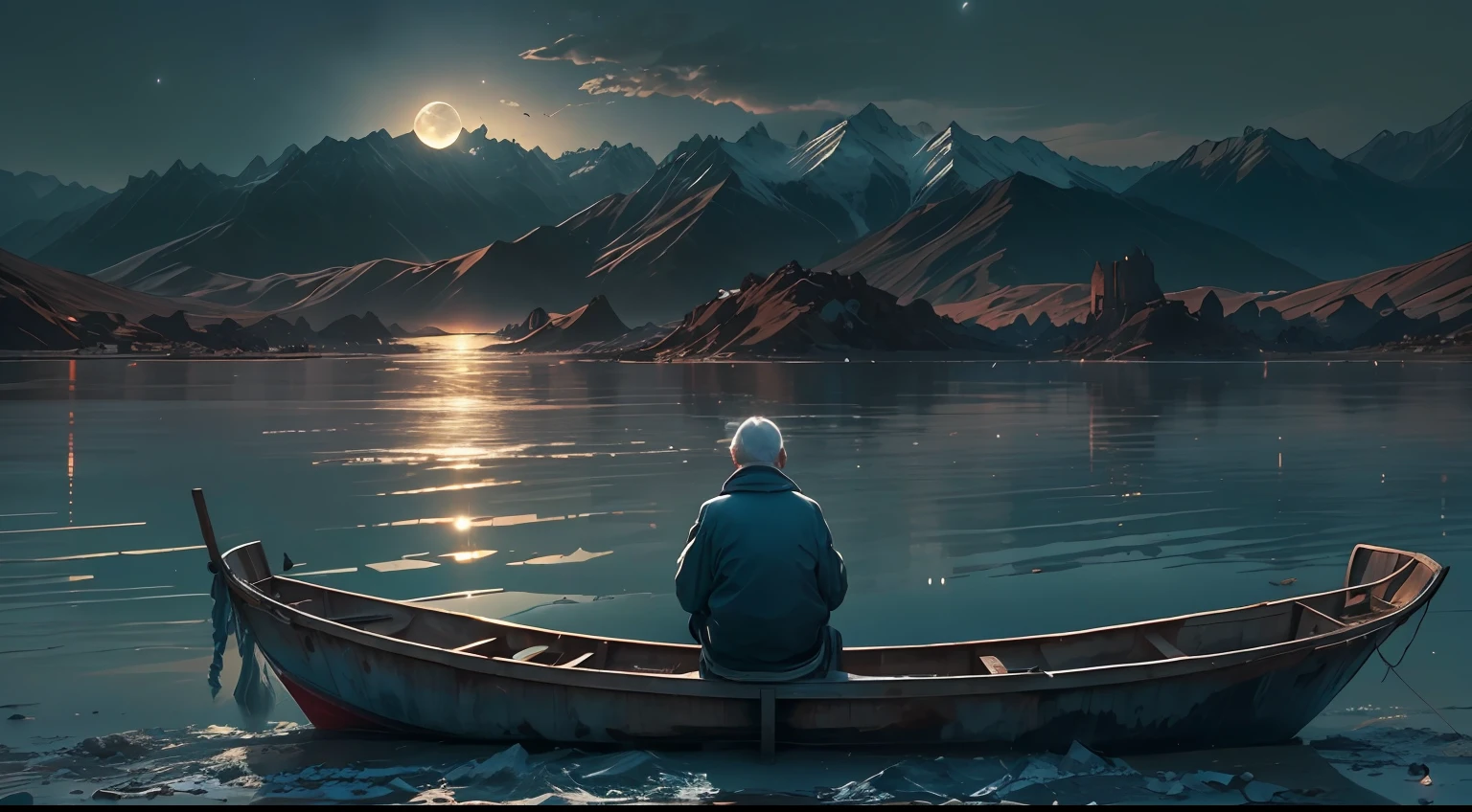nevando，Lonely old man sitting on boat fishing，Lake surface，Small broken boat，Mountains in the distance，Bleak, Desolate, Sitting alone on a boat，A huge full moon rises over the horizon，eventide，wide wide shot，Cool moonlight