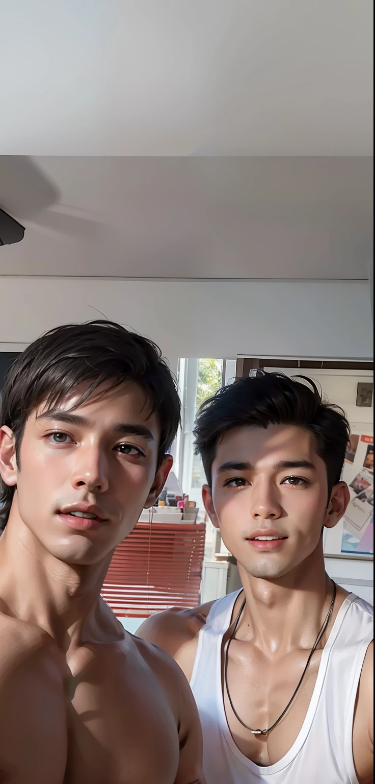 (Two men), (head shot), (Face only), Two American handsome muscular men in their 20s、Sitting on a beach chair by the sea with a rainbow color parasol, they are wearing men's tanktops, mischievous smile, (small details: 1 in 1), natural muscles, hig quality, beautiful eye, (detailed face and eyes), (Face、: 1 / 2), noise, real pictures、... .....PSD, Sharp focus, High resolution 8K, Real & Professional Photography, 8k UHD, Soft lighting, High Quality, Film Grain, Fujifilm XT3