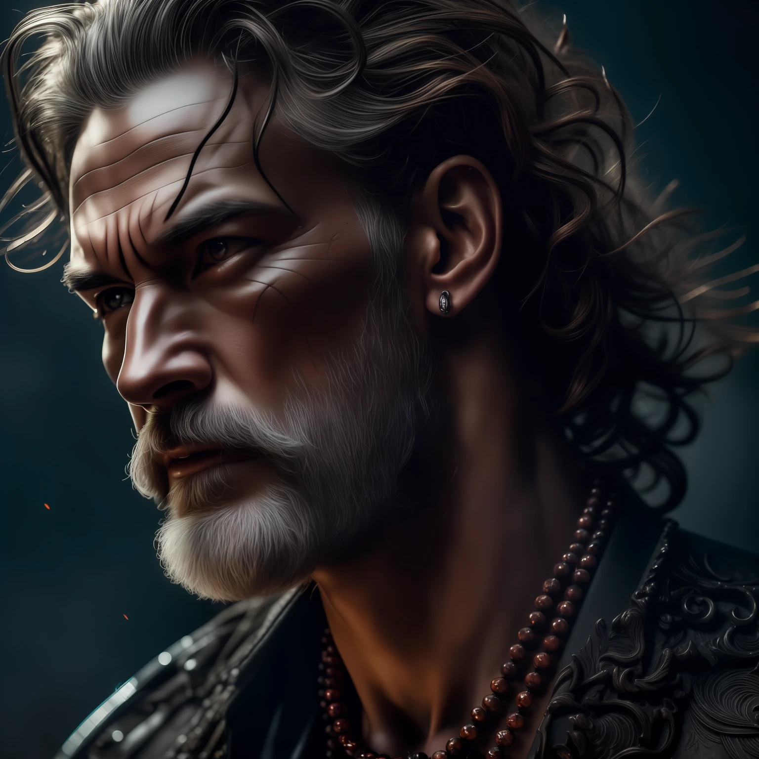 ((best quality)), ((masterpiece)), (detailed), highly detailed, (ultra-detailed), sharp focus, HDR, 8K resolution, (ultra detailed eyes), tall, muscular, menacing, japanese demon, long and curly dark brown hair, Red sky, official art, (Shiny Gray Praying Beads Around His Neck), black outline, (dark atmosphere:1.2), scars, (beautifully detailed glow:1.2), (Cinematic lighting), intricate detail, highres, detailed facial features, sharp focus, smooth, aesthetic, detailed background, stylish pose, dynamic pose, (dramapaint)