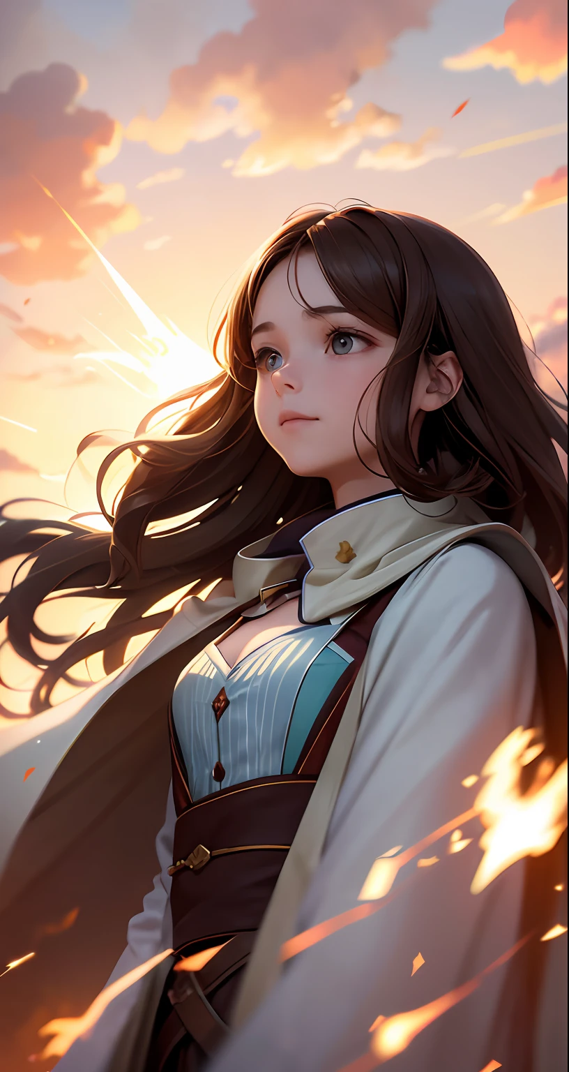 tmasterpiece，best qualtiy，cinematic Film still from，1girll，Cloud Boy，Brown hair，liberta，Floating in the sky，closeup cleavage，brightly，cheerfulness，Warm and soft lighting，the sunset，（spark of light：0.9）,cloaks