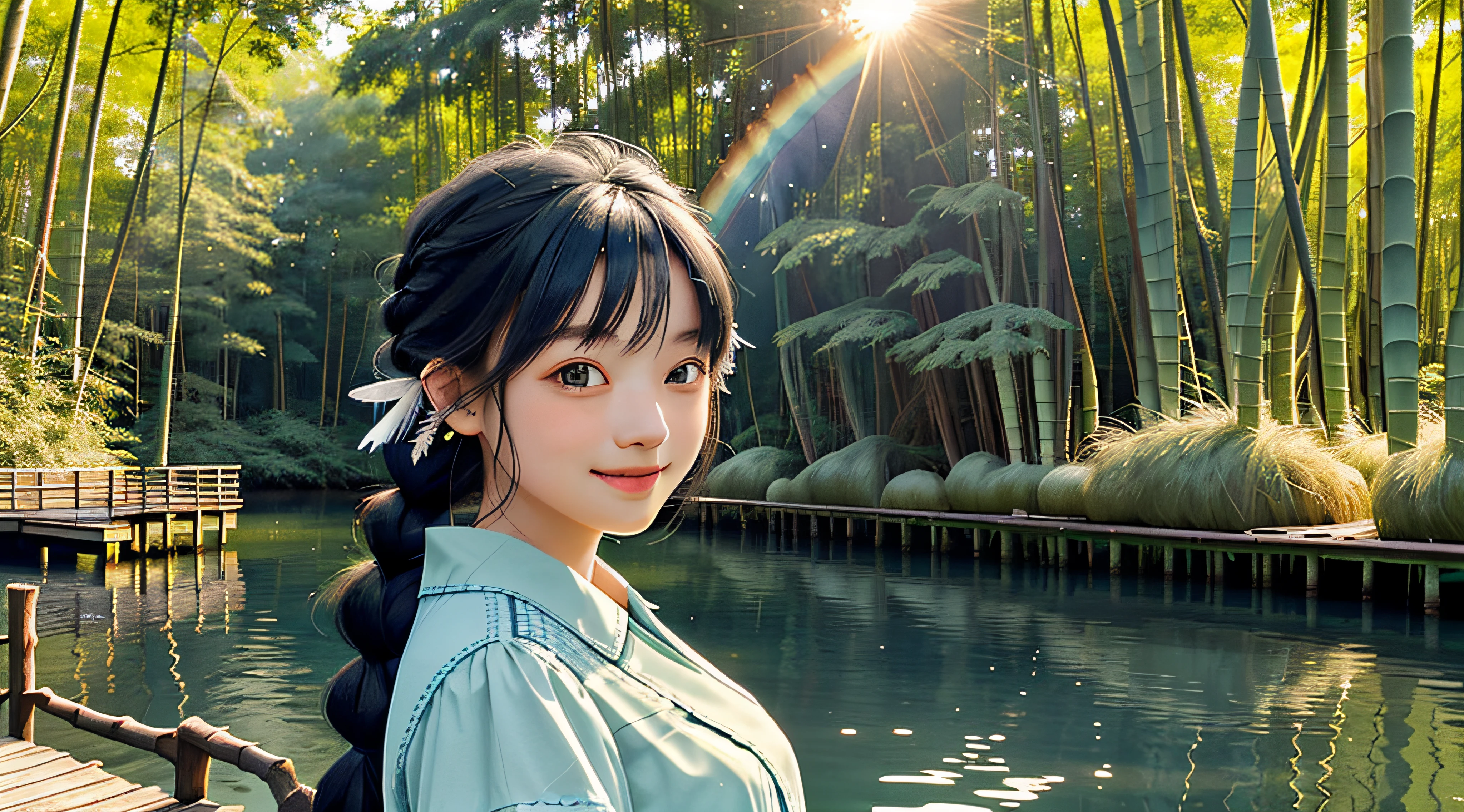 On the blue sky,During the day, there are seven summer rainbows in the bamboo forest,and the sun was shining brightly,There is soft natural light, Dingdall effect,An intimate portrait of a young girl about eighteen years old,The girl's appearance is thick eyebrows,There are big watery eyes,The girl has long black hair,Qi bangs,Side braids,The head wears a cute feather hair ornament,She blushed shyly,Standing on a wooden pier in a pale green maid outfit,A wooden pier juts out onto the tranquil lake,The girl closed her mouth slightly,The gentle gaze smiled and looked at the viewer seriously,Left hand on cheek,The right hand is naturally flat on the wooden pier,A gentle and happy smile on his face。The sun casts a warm glow on the scene,Illuminate ripples in the water,Cast a soft shadow on the girl's face。Behind her,Dense forests stretch into the distance,The green bushes contrast with the pale blue sky above。Despite the tranquility of the surroundings,But there was a palpable sense of joy in the girl。。