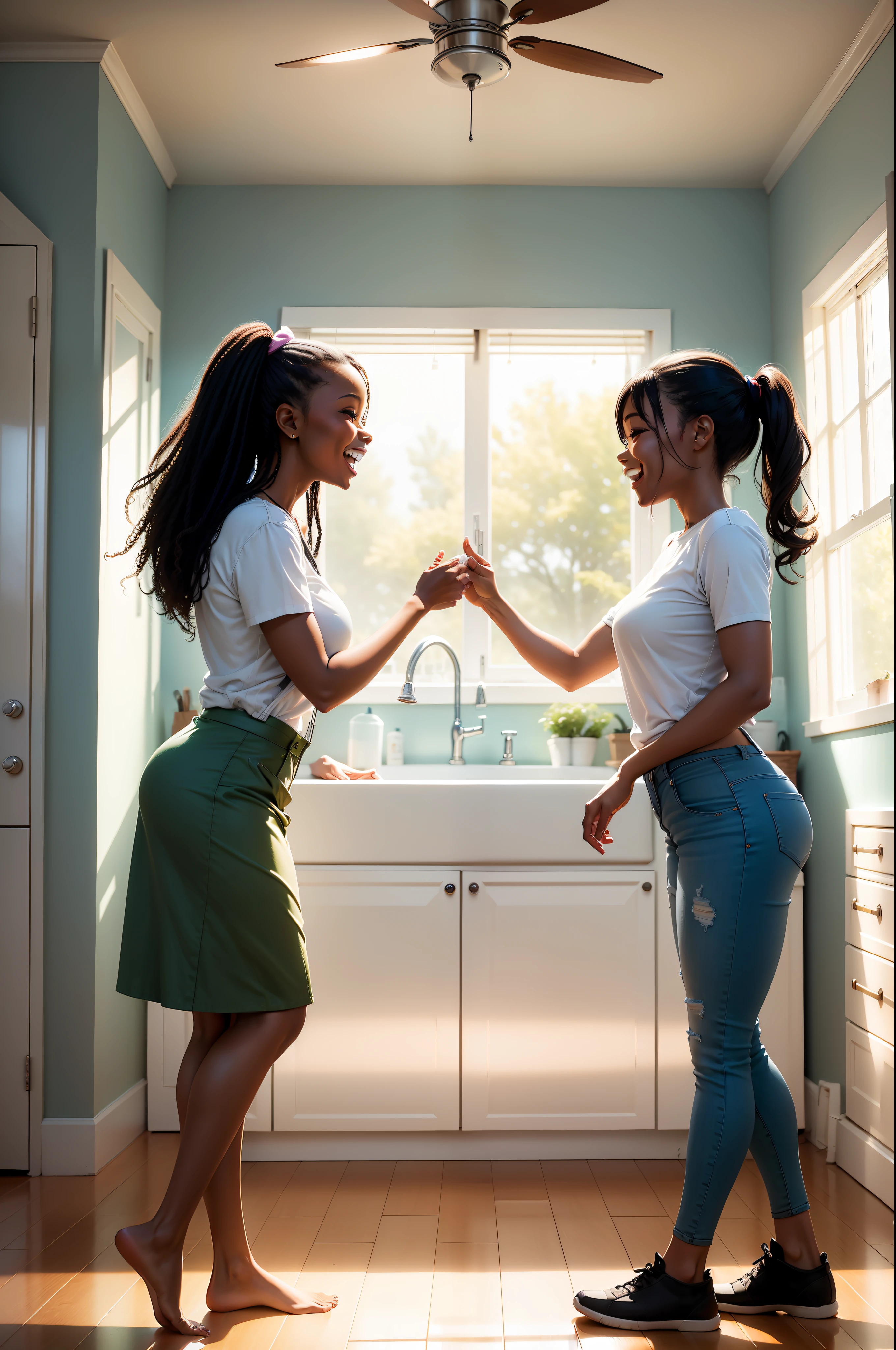 A group of diverse young people smile and laugh together in an empty apartment with sunlight streaming through the windows. The hardwood floors shine, ceiling fans are dust-free, and the windows and baseboards sparkle after being expertly scrubbed clean. In the kitchen, the sink and appliances look brand new and ready for inspection. The bathroom features gleaming tiles and grout scrubbed totally clean. One woman high-fives her friend, celebrating getting their full deposit back thanks to the deep clean. The bright, welcoming scene conveys the joy and relief of move-out cleaning success. Detailed, photorealistic, eye-catching image.