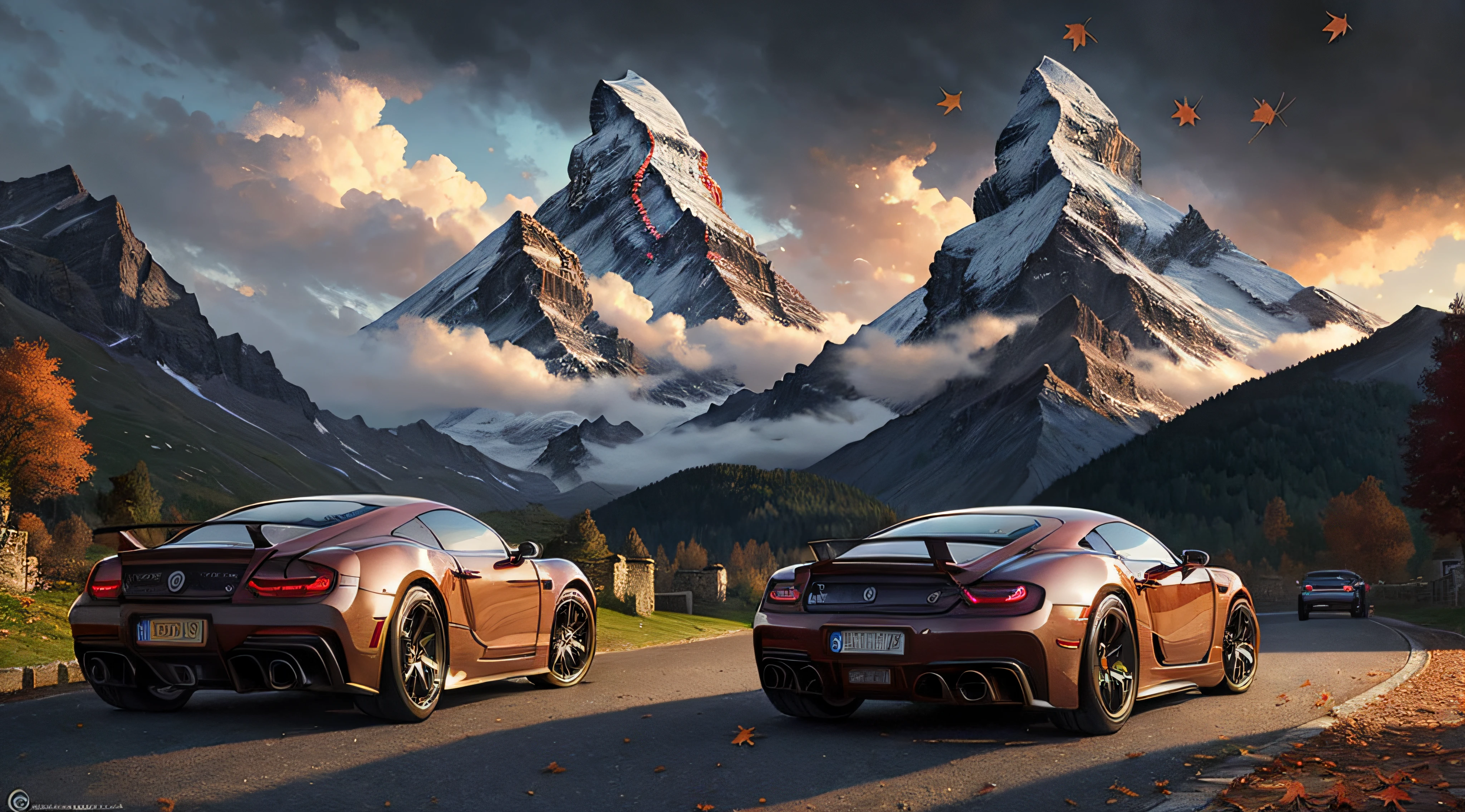 art by greg rutkowski and artgerm, luxurious, wood, falling leaves, intricate, highly detailed evening cityscape of Matterhorn, cars, clockwork, slow motion, from behind, concept art illustration, thick volumetric clouds,