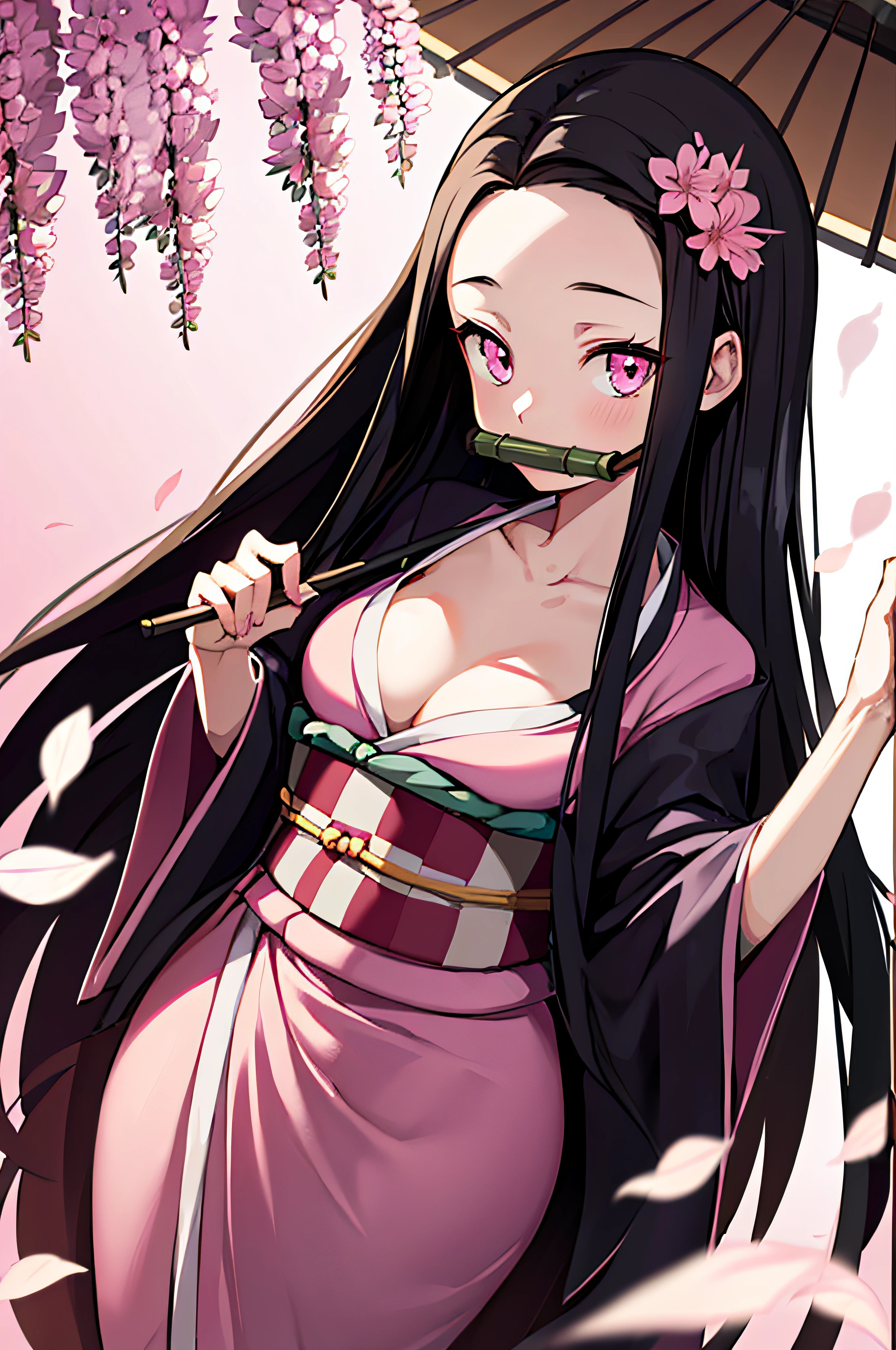 masterpiece, (pink kimono), seductive face, good lighting, décolleté, fine details, masterpiece, glowing eyes, 1girl, black hair, gag, bamboo, Nezuko Kamado, wisteria background, masterpiece, best quality, POV, whole body, wide hips,