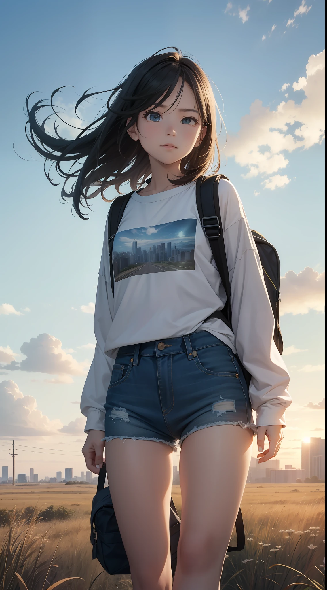 The vast sky, beautiful skyline, large grasslands, extremely tense and dramatic pictures, moving visual effects, the high-hanging Polaris, and colorful natural light. Long-sleeved top, denim shorts, and a girl with a backpack.