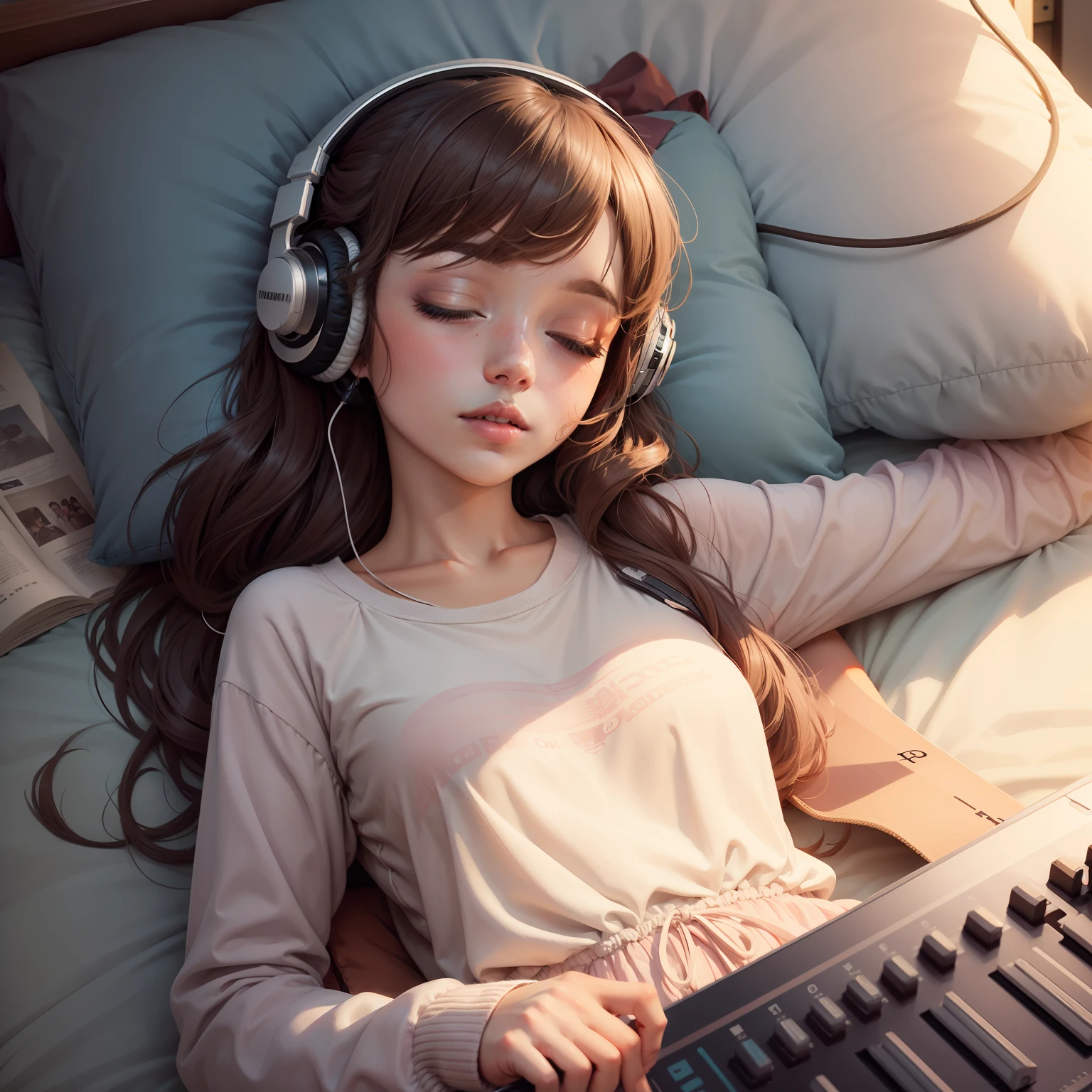 lofi music beautiful girl listen music and sleeping bed wallpaper