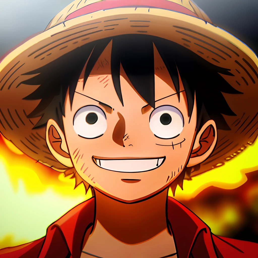 1boy, wanostyle, monkey d luffy, smiling, straw hat, looking straight, solo, upper body, ((masterpiece)), (best quality), (extremely detailed), depth of field, sketch, dark intense shadows, sharp focus, soft lighting, hdr, colorful, good composition, fire all around, spectacular, closed shirt, anime screencap, scar under eye, ready to fight, black eyes
