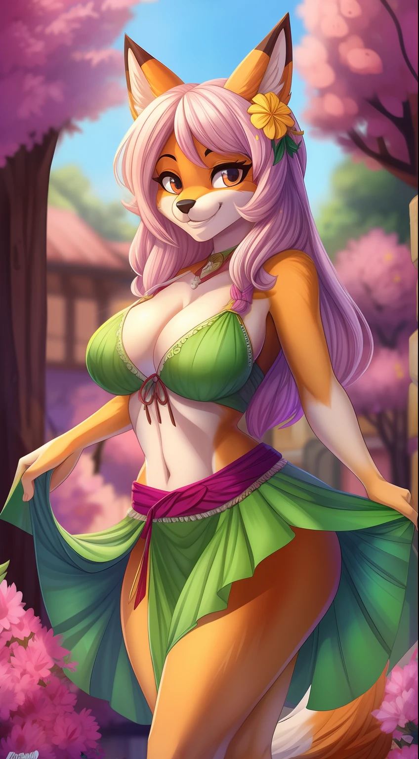 Antrho, fox, female, solo, pelo laranja, cabelo loiro longo, peitos medios, bunda media, coxas curvadas, usando roupa de noiva transparente, calcinha e sutia branca rendada, meias altas, segurando buque de flores, olhando sobre o ombro, sorriso envergonhado, fundo jardim florido, cauda deve ser mostrada