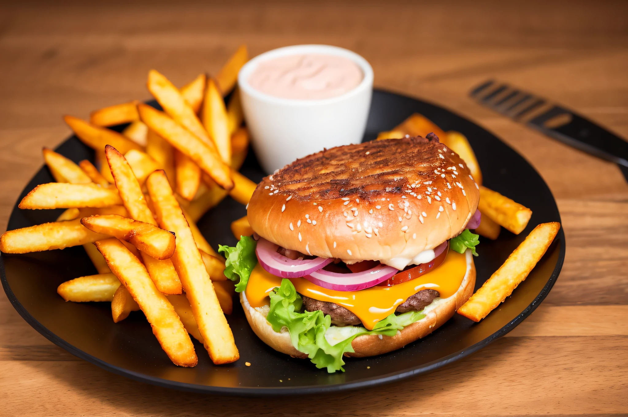 Create an image that represents a "Magic Combo" of burger and fries. The burger should have a generous portion of well-grilled beef, with a crispy outside texture and juicy inside, crispy strips of bacon, and caramelized or grilled onions. Fries should be cut traditional style and fried until golden brown. The presentation should highlight all the ingredients, with visible bacon and onions and juicy meat in the center. The context must be part of a special offer or featured item on the menu. Use Depth of Field effects to make the burger stand out, Procedural Texturing on bread and meat for realism, and Heat Distortion for a warm, freshly cooked feel. The background should have a brick wall with a rustic texture and reddish color, with a black background for contrast. Use Vignetting, Gaussian Blur and Opacity Gradient effects on the background. Include a front image of french fries flying with magic light and sparks, and a 2D effect in the bottom corner.