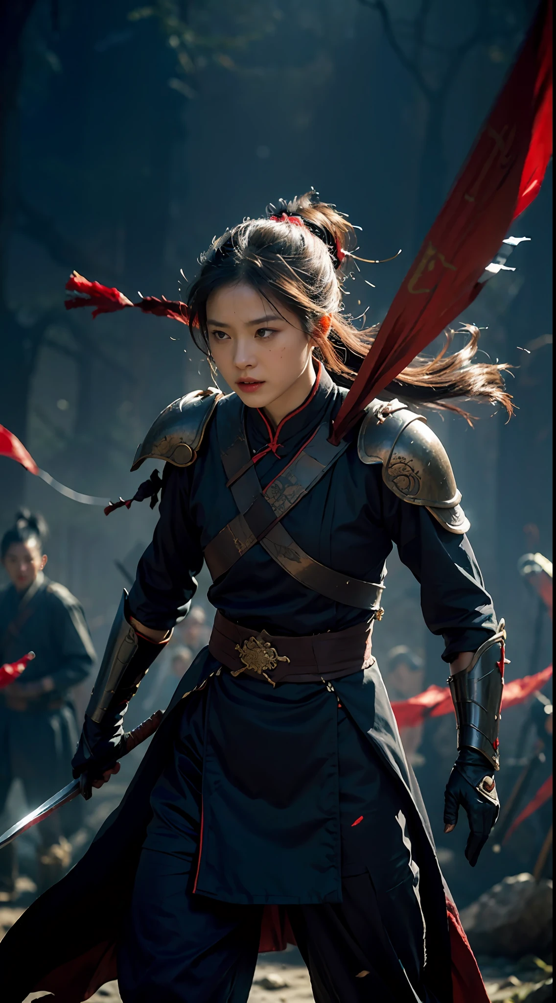 (In the dark: 1), (Best quality), (Realisticity: 1), Movie poster, realistic skin texture, highly detailed, 8k wallpaper, volumetric lighting, dynamic lighting, a girl, long black ponytail hair, black robe, red belt, small amount of armor, shoulder armor, waist guard, hand guard, veil, holding a long sword in front of you, ancient Chinese style, short sword at waist, attack posture, blood stains, broken clothes, ancient Chinese battlefield, a group of ancient soldiers chasing and killing, arrows flying, war is flying, night, dramatic composition, Sword qi surrounding, rich background details, war,