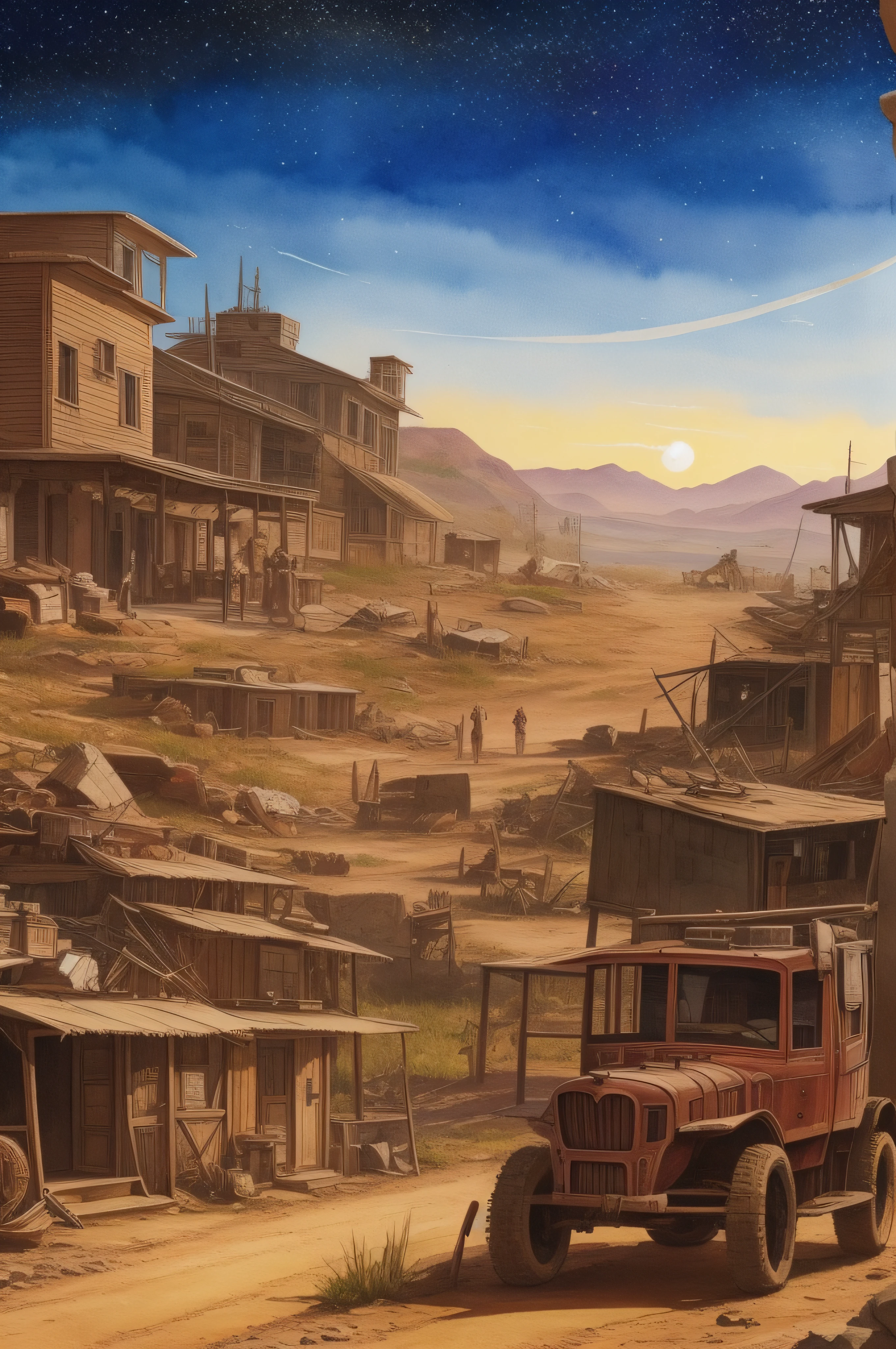 A watercolor painting of a post-apocalyptic setting of the Old West, com detalhes sombrios e desolados, e arte no estilo de Moebius e Gir, com um toque de HQ, and a starry sky.