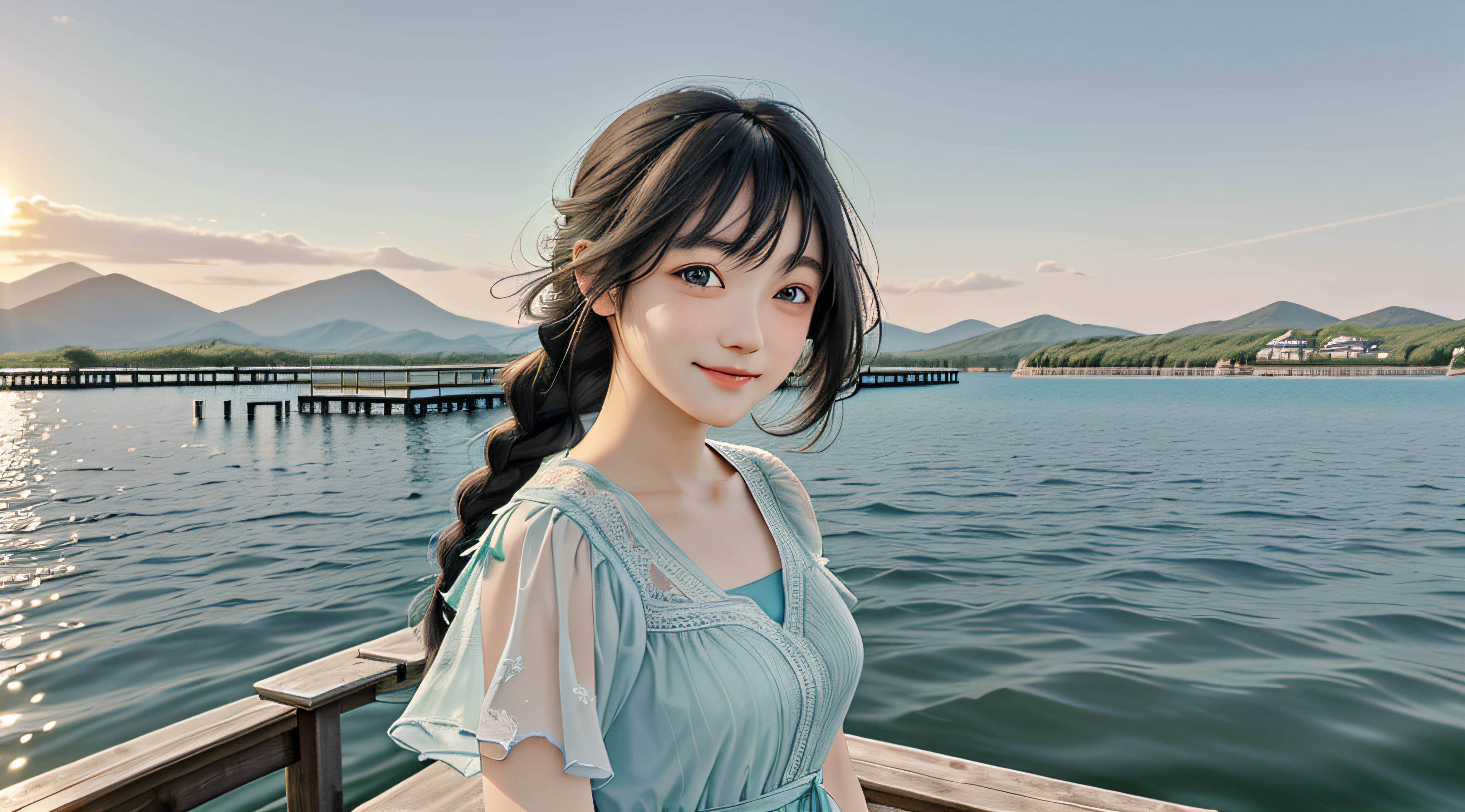 On the blue sky,There are beautiful rainbows during the day in summer,and the sun was shining brightly,There is soft natural light, Dingdall effect,An intimate portrait of a young girl about eighteen years old,The girl's appearance is thick eyebrows,There are big watery eyes,The girl has long black hair,Qi bangs,Side braids,The head wears a cute feather hair ornament,She blushed shyly,Standing on a wooden pier in a pale green summer dress,A wooden pier juts out onto the tranquil lake,The girl closed her mouth slightly,The gentle gaze smiled and looked at the viewer seriously,Left hand on cheek,The right hand is naturally flat on the wooden pier,A gentle and happy smile on his face。The sun casts a warm glow on the scene,Illuminate ripples in the water,Cast a soft shadow on the girl's face。Behind her,A sea of purple and saffron extends into the distance,There are peony flowers,Various flowers such as roses contrast with the light blue sky overhead。Despite the tranquility of the surroundings,But there is a clear sense of joy。