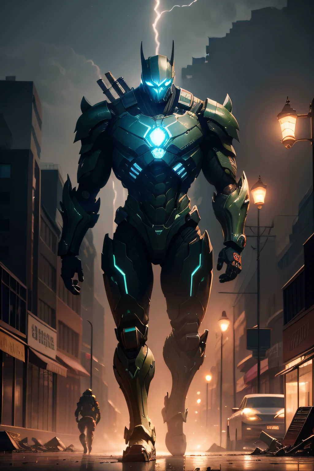 In the middle of the night，Its name is Green Warframe, Mechanical armor made of imitation plants, grogu, hobbithead, Green head, In the middle of the night，Large eco-friendly machine, shadowy, Stand in the middle of a city street，The eyes glow green，There was a little steam around，In the middle of the night，It is about 49 meters high，There is a machine gun in the right hand，It is running forward，Huge body，Each step is accompanied by vibrations from the ground, Huge sparks of energy burst out，Powerful aura，About 50 meters，The streets were trampled into dust，In the middle of the night，Huge robots，Tall than a building，It is clearly written on the arm"Poisonous spiders"The three words，In the middle of the night，immensity，Handsome，shock，The streets were trampled into dust，is galloping forward，In the middle of the night，Huge punch，In the middle of the night，Under the dark night of Gotham，There are bat lights in the night sky in the upper left corner，In the middle of the night，In the middle of the night，Giant robot in the dark，In a towering and shocking fighting stance，In the middle of the night，Powerful，It was as if the beast of war had descended on earth,The streets were trampled into dust，，No people around，No people around