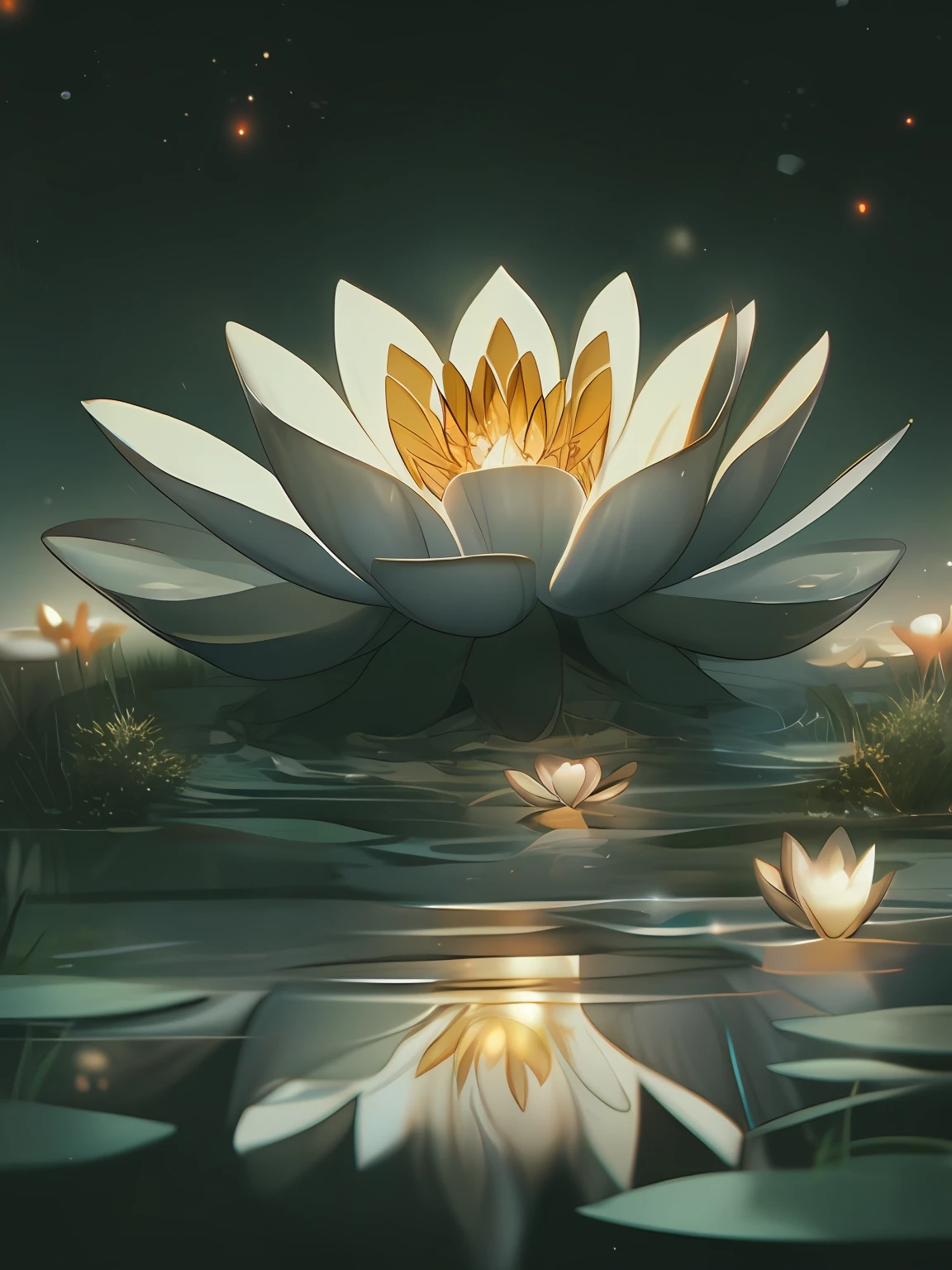 glowing and floating black lotus flower surrounded by golden white red light fireworks fantasy setting, forget me not flowers, vines, high fantasy, emotional, senses, feelings, magical, fog, sunlight, full body, trending on artstation, iridescent, light of the dawn, magic light, ultra high resolution, colorful, photography hyperdetailed cinematic lighting hdr, softbox lighting, extreme detail, octane render, 64k, post-processing, extreme wide angle, long shot, ultra sharp, photorealistic, depth of field, releasitc, photorealistic, epic composition Unreal Engine, Cinematic, Color Grading, portrait photography, Ultra-Wide Angle, Depth of Field, hyper-detailed, Cinematic, Colour Grading, Editorial Photography, Photography, Photo Shoot, Depth of Field, DOF, Tilt Blur, White Balance, 32k, Super Resolution, Megapixel, ProPhoto GB, VR, Half Moon Lighting, Natural Lighting, Incandescent, Fiber Optic, Mood Lighting, Cinematic Lighting, Studio Lighting, Soft Lighting, Volumetric lighting, Contre-Jour, Beautiful Lighting, Accent Lighting, Global Illumination, Optics, Dispersion, Brightness, Shadows, Roughness, Glare, Reflections, Lumen Reflections, Reflections in Screen dreams, Diffraction Gradation, Chromatic Aberration, Photoshoot, Depth of Field, Tilt Blur, Shutter Speed 1/1000, F/22, White Balance, 32k, Super-Resolution, Megapixel, Scan Lines, Ray Tracing, Ray Tracing Ambient Occlusion, Anti-Aliasin g, FKAA, TXAA, RTX, SSAO, Shaders, OpenGL-Shaders, GLSL-Shaders, Post Processing, Post-Production, Cel Shading, Tone Mapping, CGI, VFX, SFX, HD cinematic, finely detailed, intricate design, Minimalism, Ray Tracing Reflections, Frontlight, Glamour Shot, Chromatic Aberration, 8k, no humans, scenery, flower, boat, water, lotus, lily pad, watercraft, night, outdoors, building, reflection