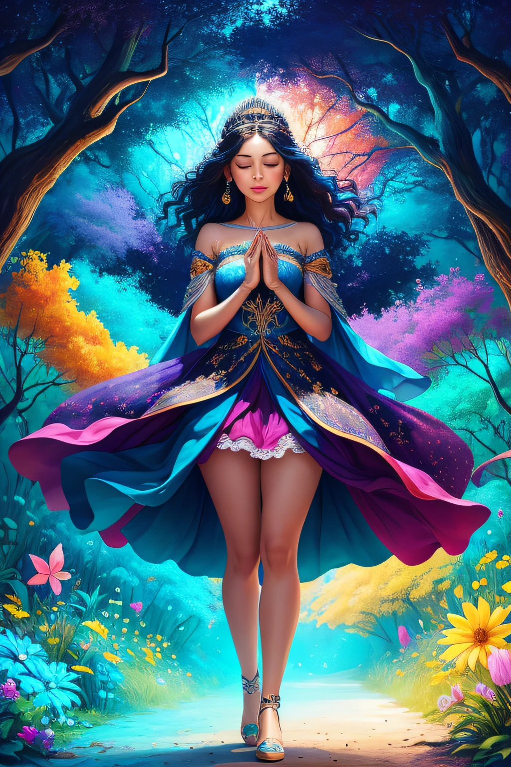 Create a high-resolution image. No centro da imagem, em tamanho grande, encontramos uma mulher de corpo inteiro, com um vestido longo com tons de azul, parecendo uma princesa, His face is delicate, harmonioso e realista. She has her eyes closed thanking her for the beauty of life. The scenery is filled with a path made of vibrant and diverse flowers. It is a magical forest with beautiful and delicate butterflies, in various sizes that are flying around it . As cores escolhidas para a capa emanam vivacidade, luminosidade, connection with nature and in the background begins to emerge soon dusk, There is a mystical and at the same time enchanting air. The woman has her hands in the form of a prayer thanking her as she walks and dances through the woods.