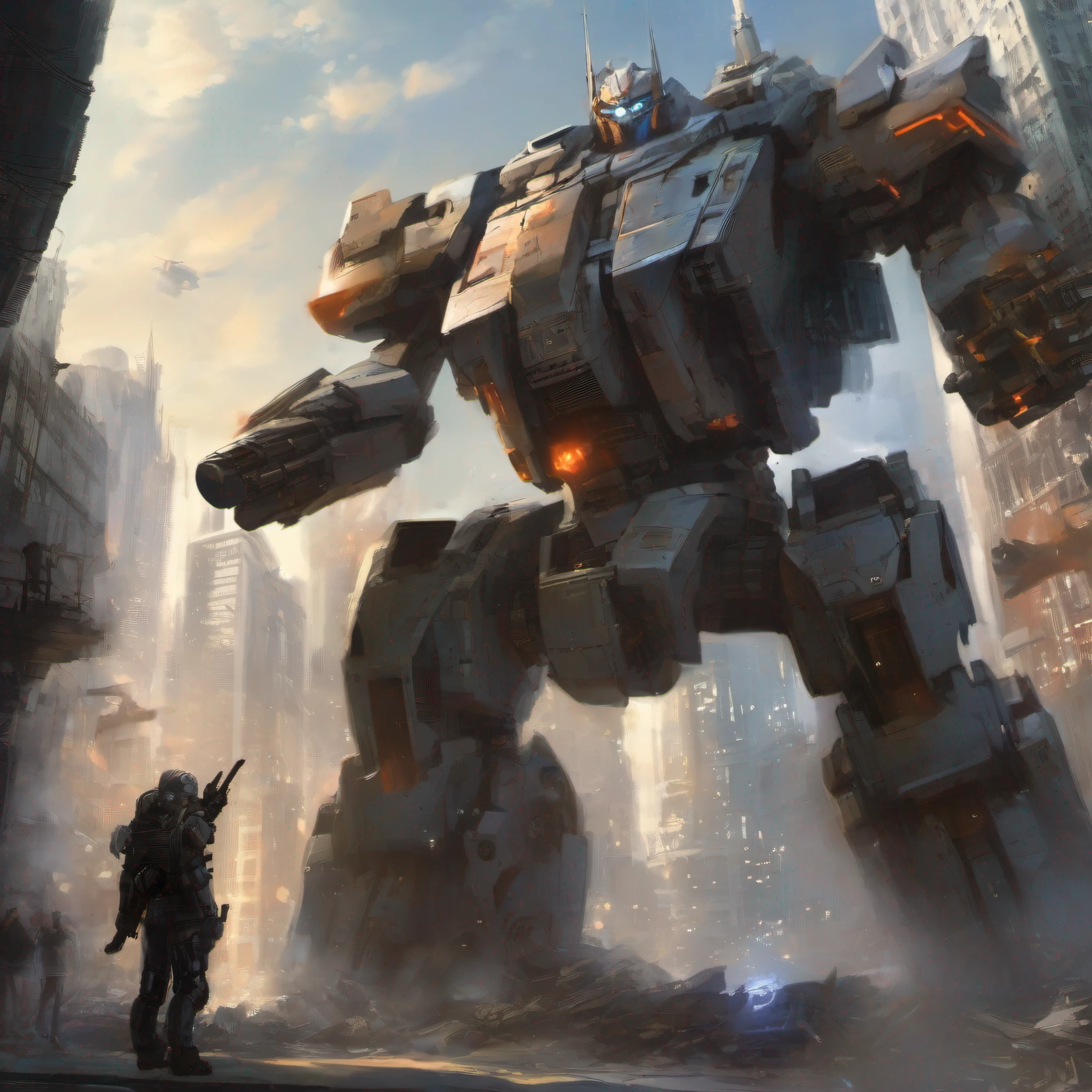 sky, cloud, holding_weapon, no_humans, glowing, , robot, building, glowing_eyes, mecha, science_fiction, city, realistic,mecha